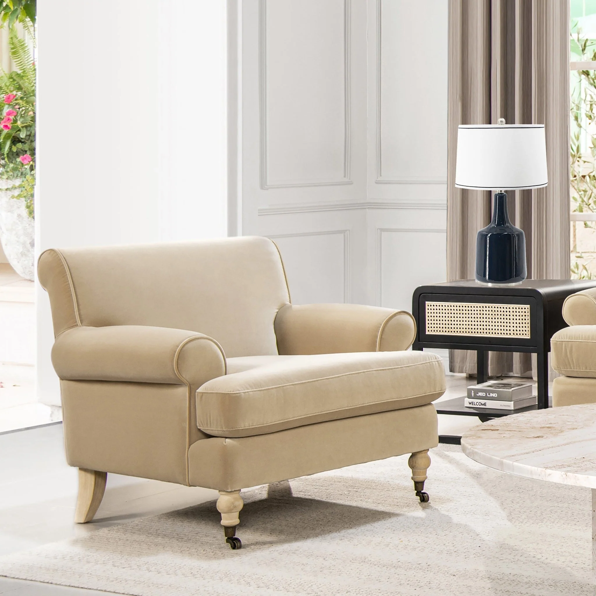 Cobaltex Upholstered Arm Chair with Metal Casters and Rolled Arms - Image 32