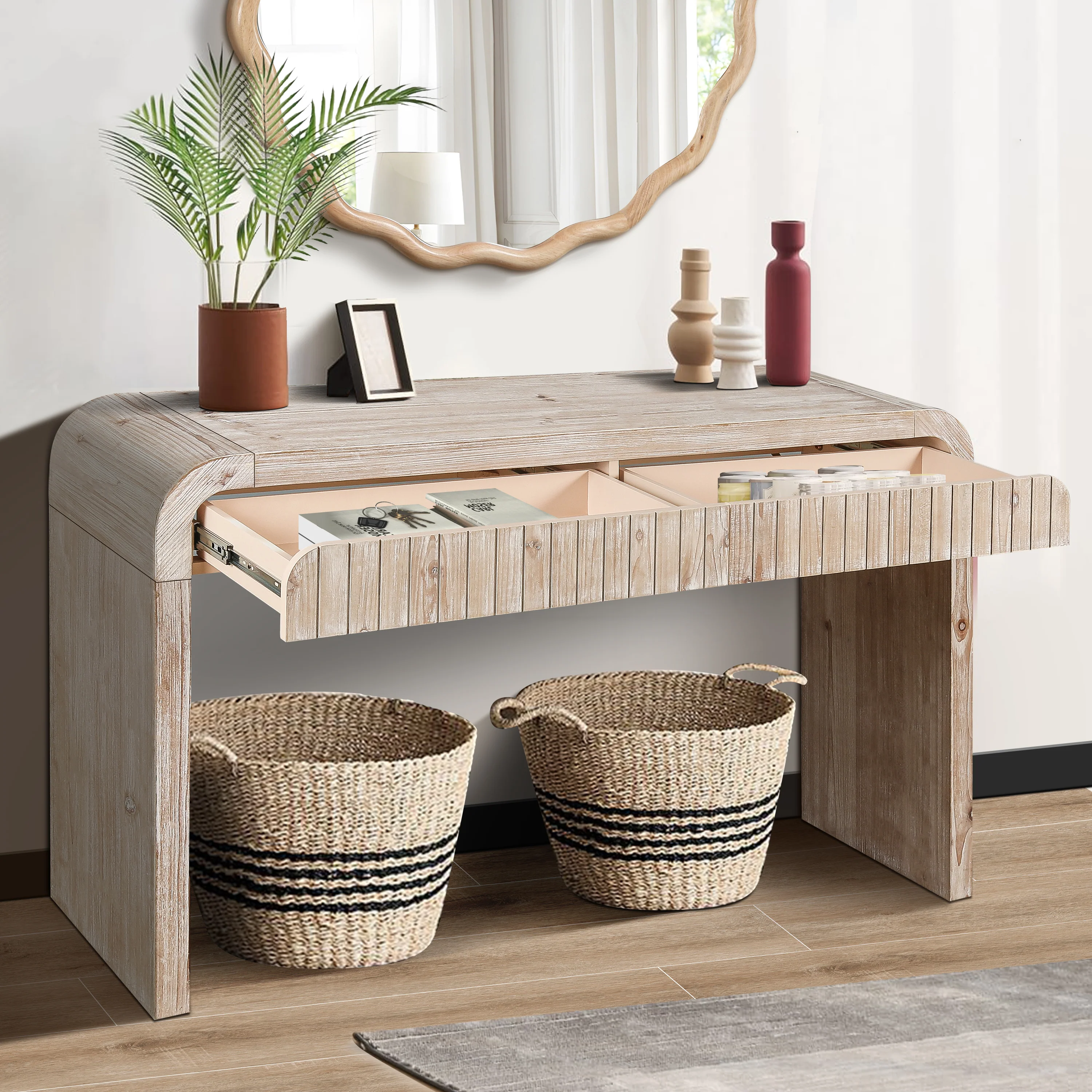 Console Table with Curved Edge 2 Hidden Handle Drawers - Image 9