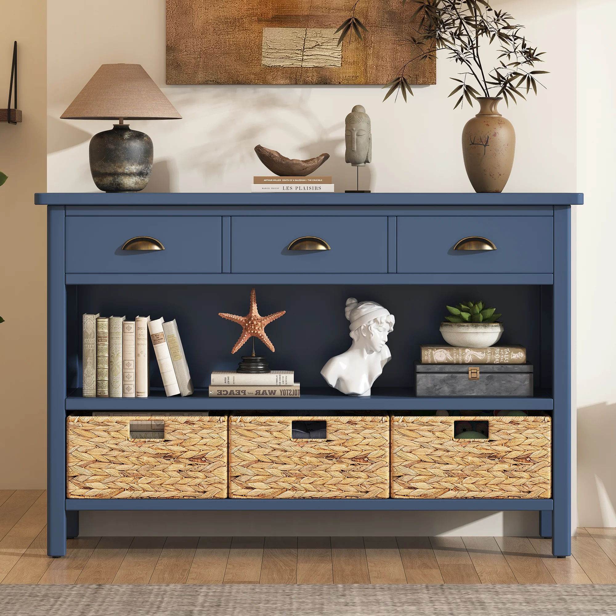 Console Table with Drawers and Water Hyacinth Woven Baskets - Image 7