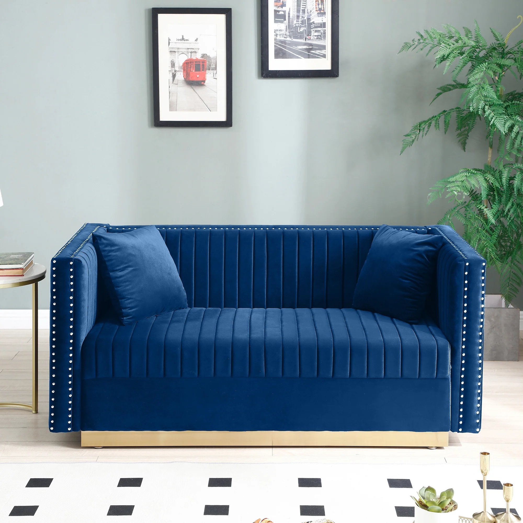 Contemporary Vertical Channel Tufted Velvet Loveseat Sofa - Image 2