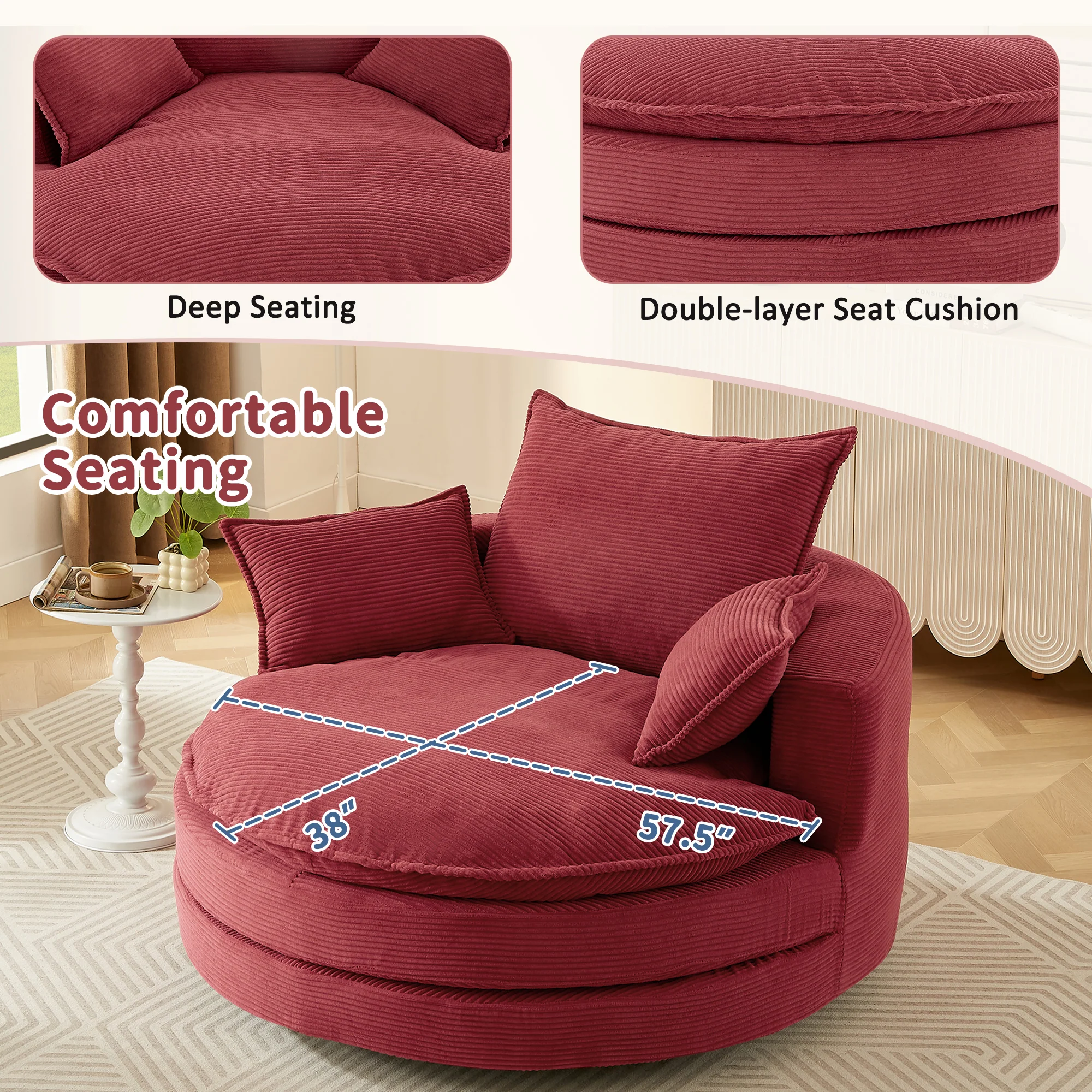 Corduroy 360° Swivel Accent Barrel Chair with 3 Removable Pillows - Image 107