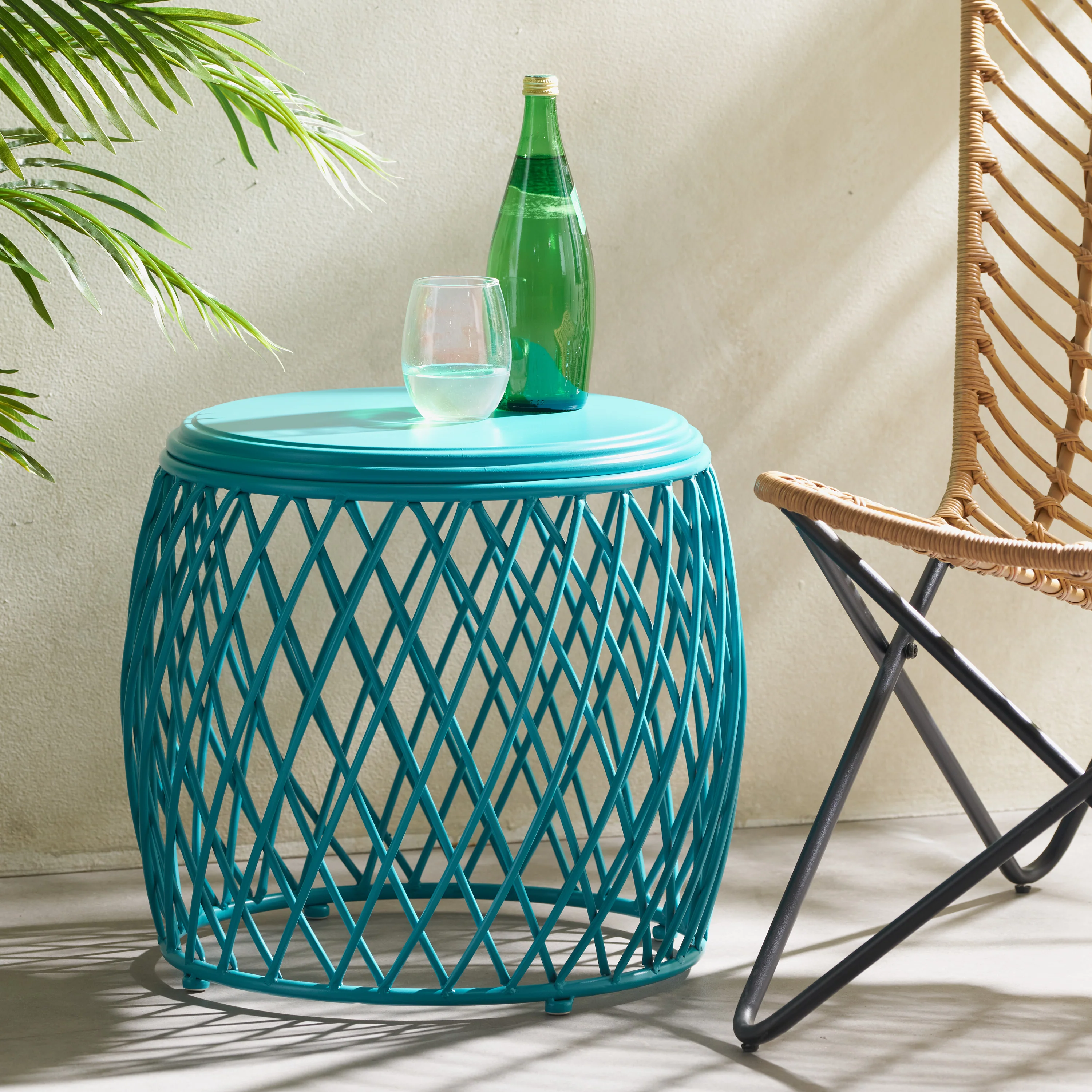 Coveted 19.75" Outdoor Cylindrical Iron Side Table with Lattice Design - Image 15