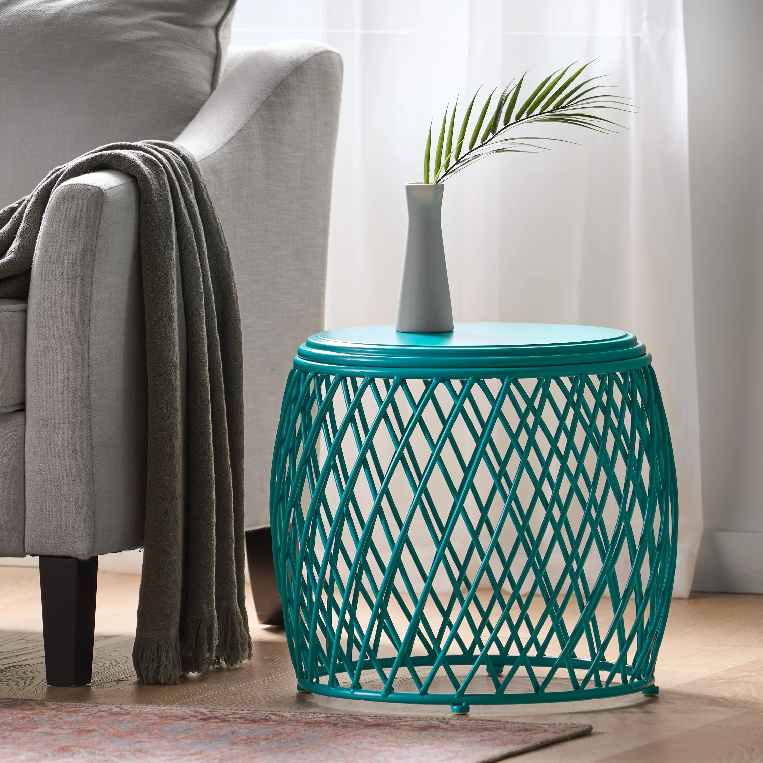 Coveted 19.75" Outdoor Cylindrical Iron Side Table with Lattice Design - Image 17