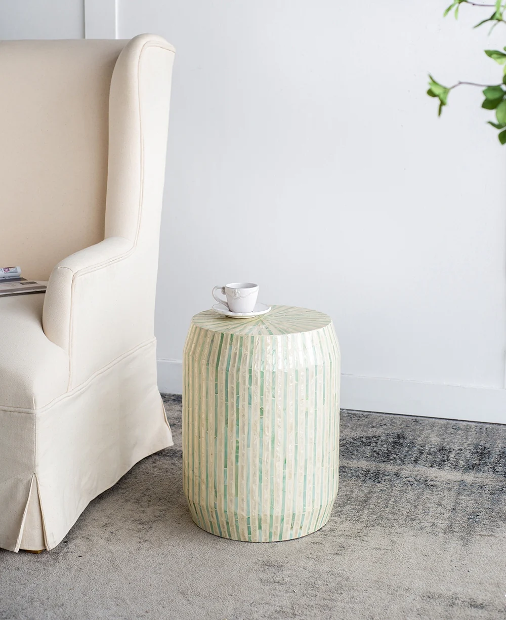 Cream and Green Drum Side Table - Image 8