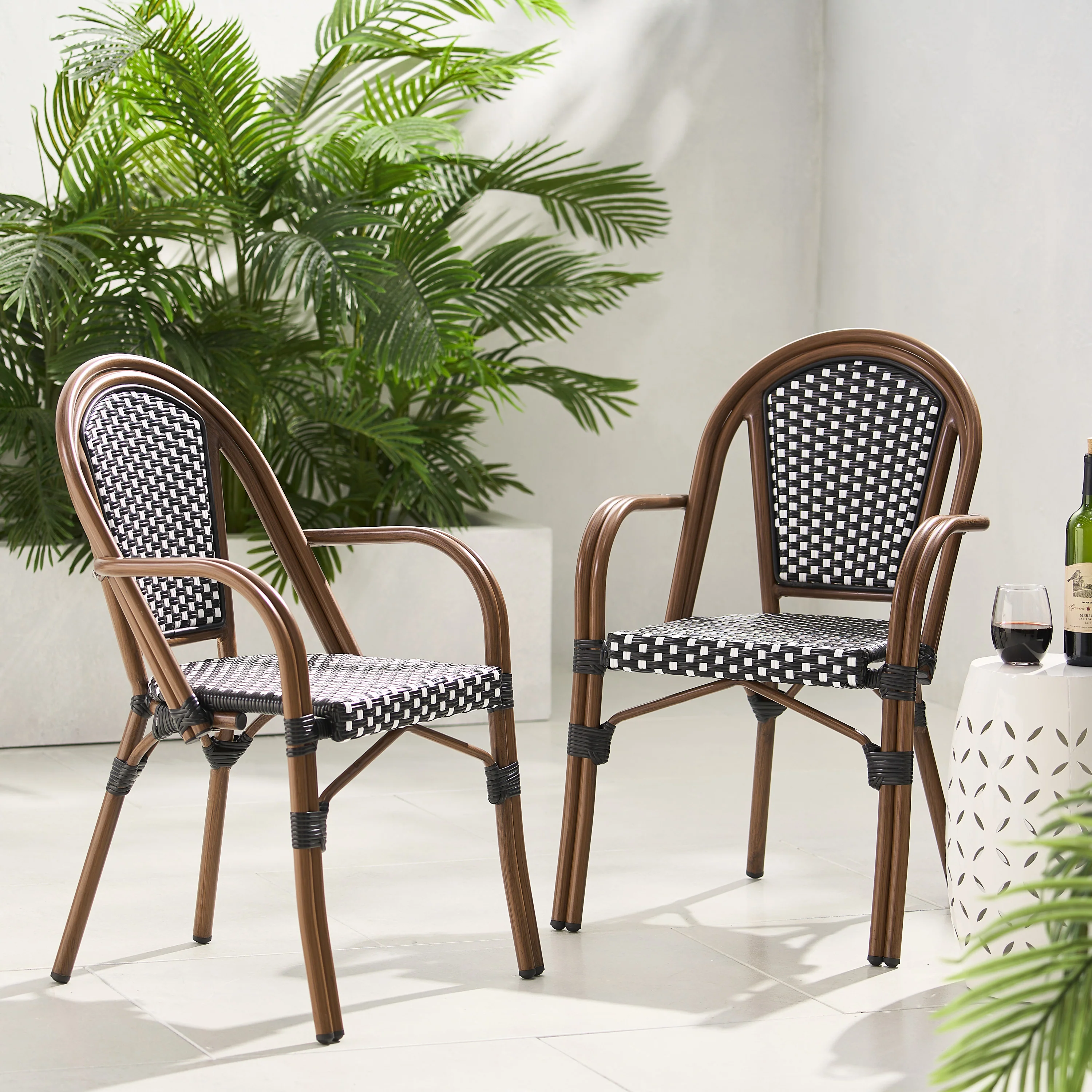 Crowned Wicker Bistro Chair with Checkered Pattern and Curved Arms, Set of 2 - Image 2