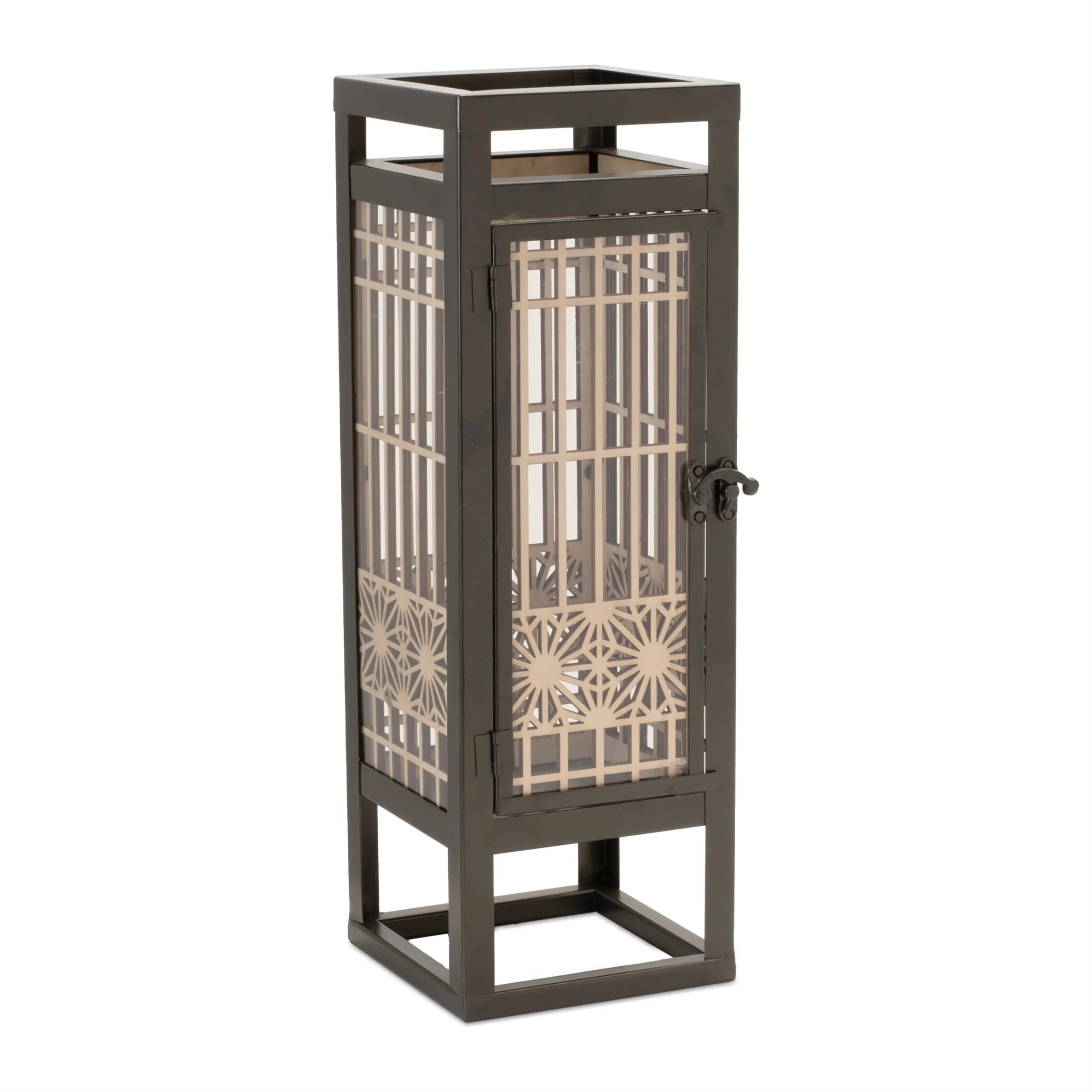 Cut Out Wood Lantern with Iron Frame 15"H