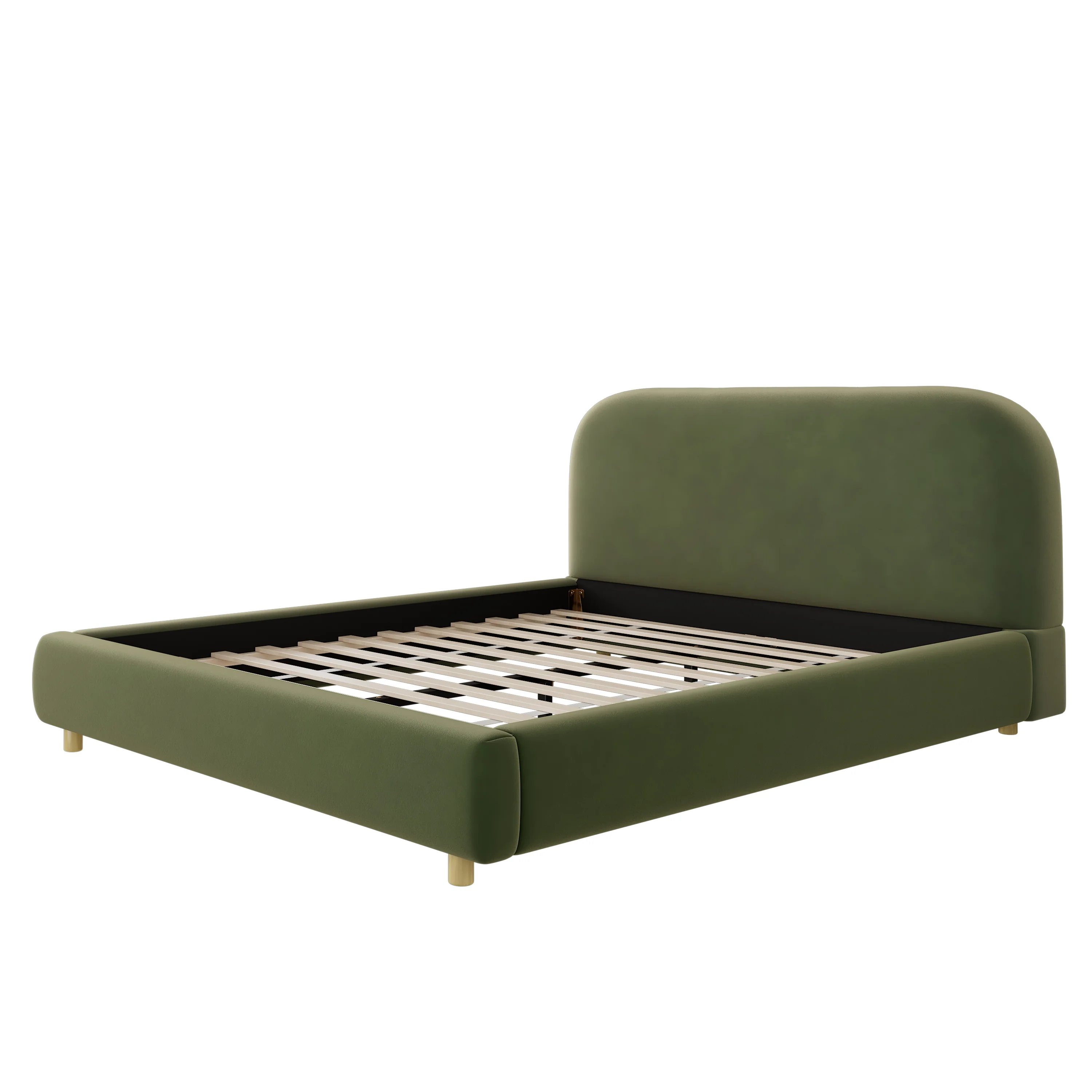 Olive Green Velvet Upholstered Platform Bed with Curve-Shaped Design Headboard - Image 23