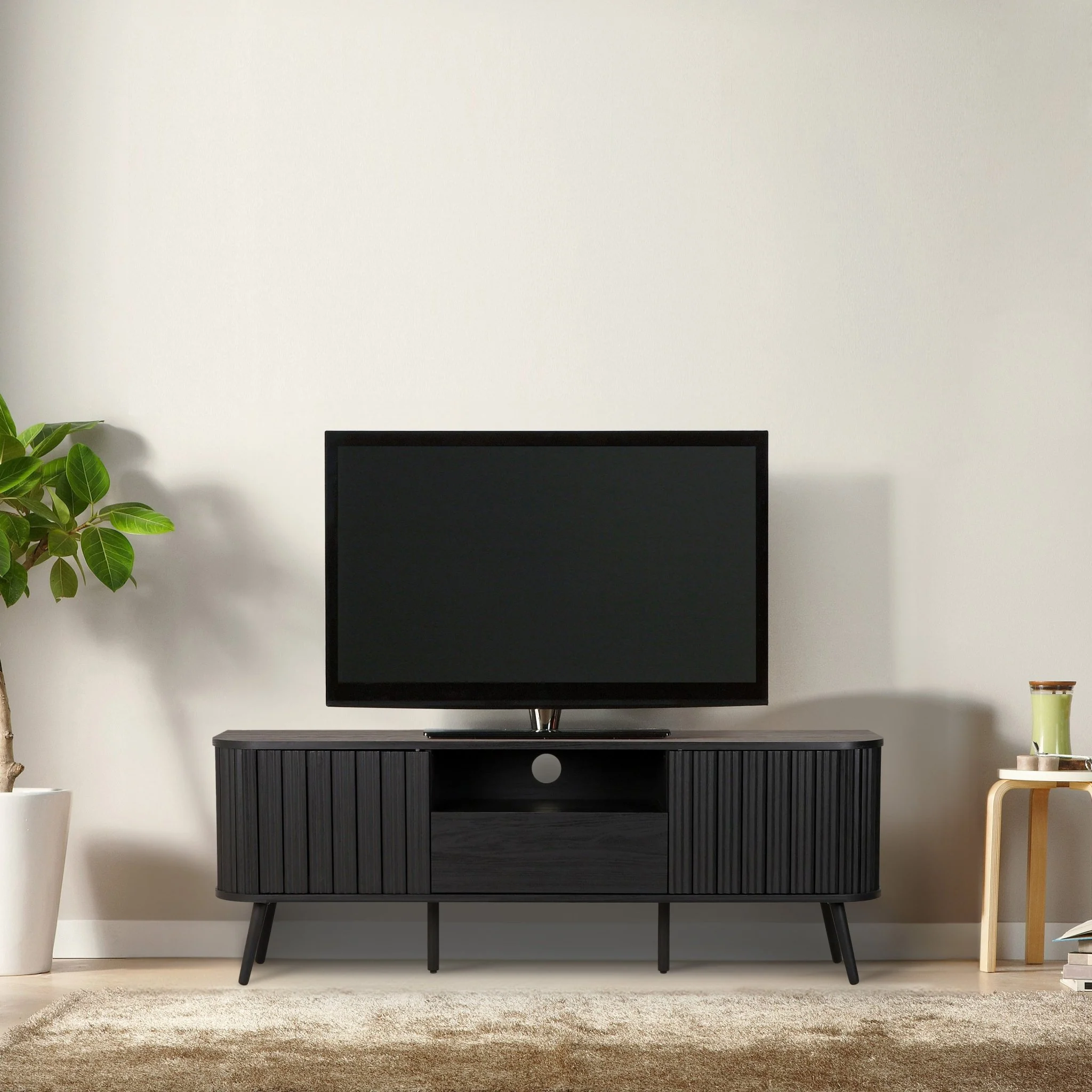Damien Farmhouse Curved TV Stand with Drawer and Storage Doors Fits TVs up to 75 in. with Cable Management - Image 2
