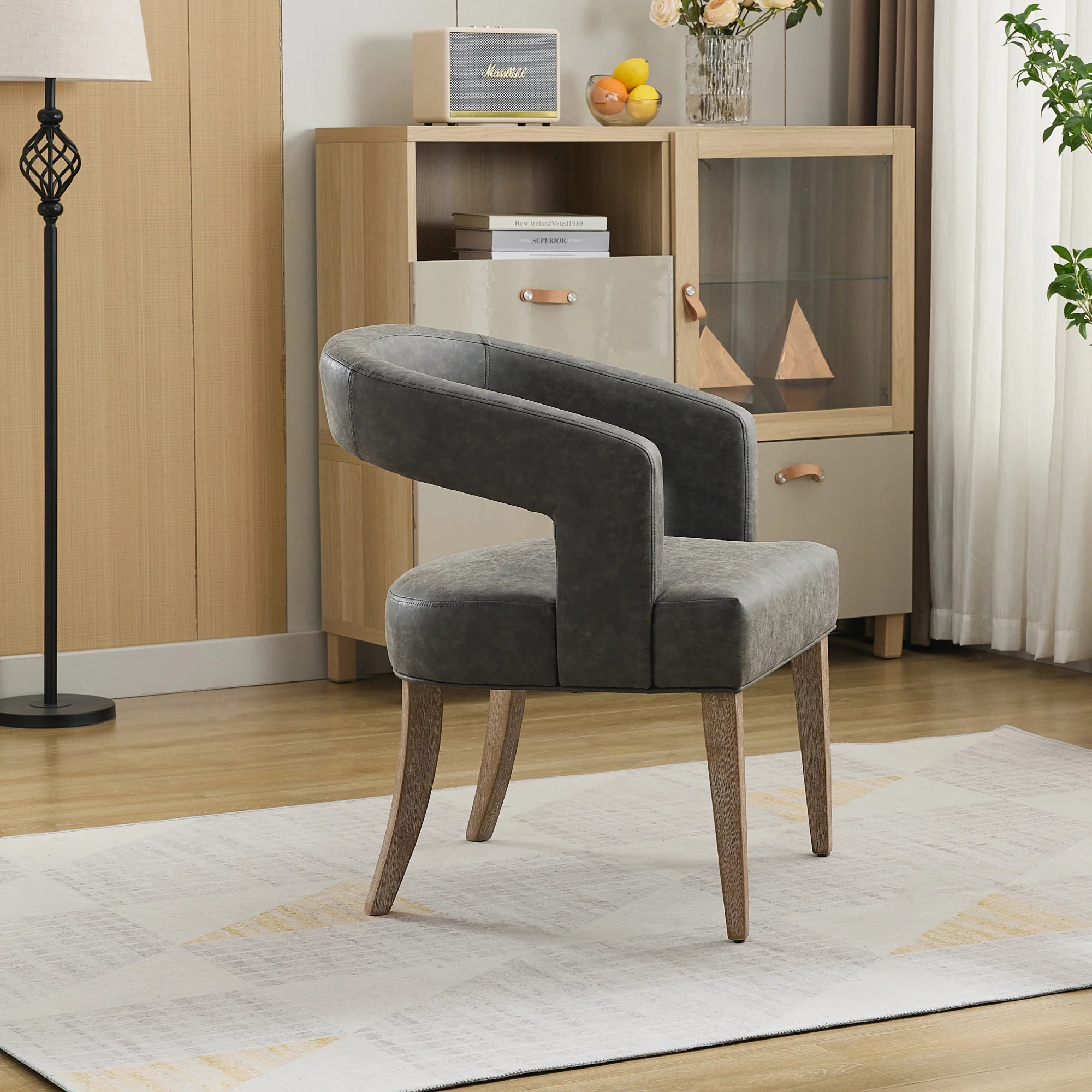 Open-Back Barrel Accent Chair with Velvet Upholstery and Weathered Solid Wood Legs - Image 13