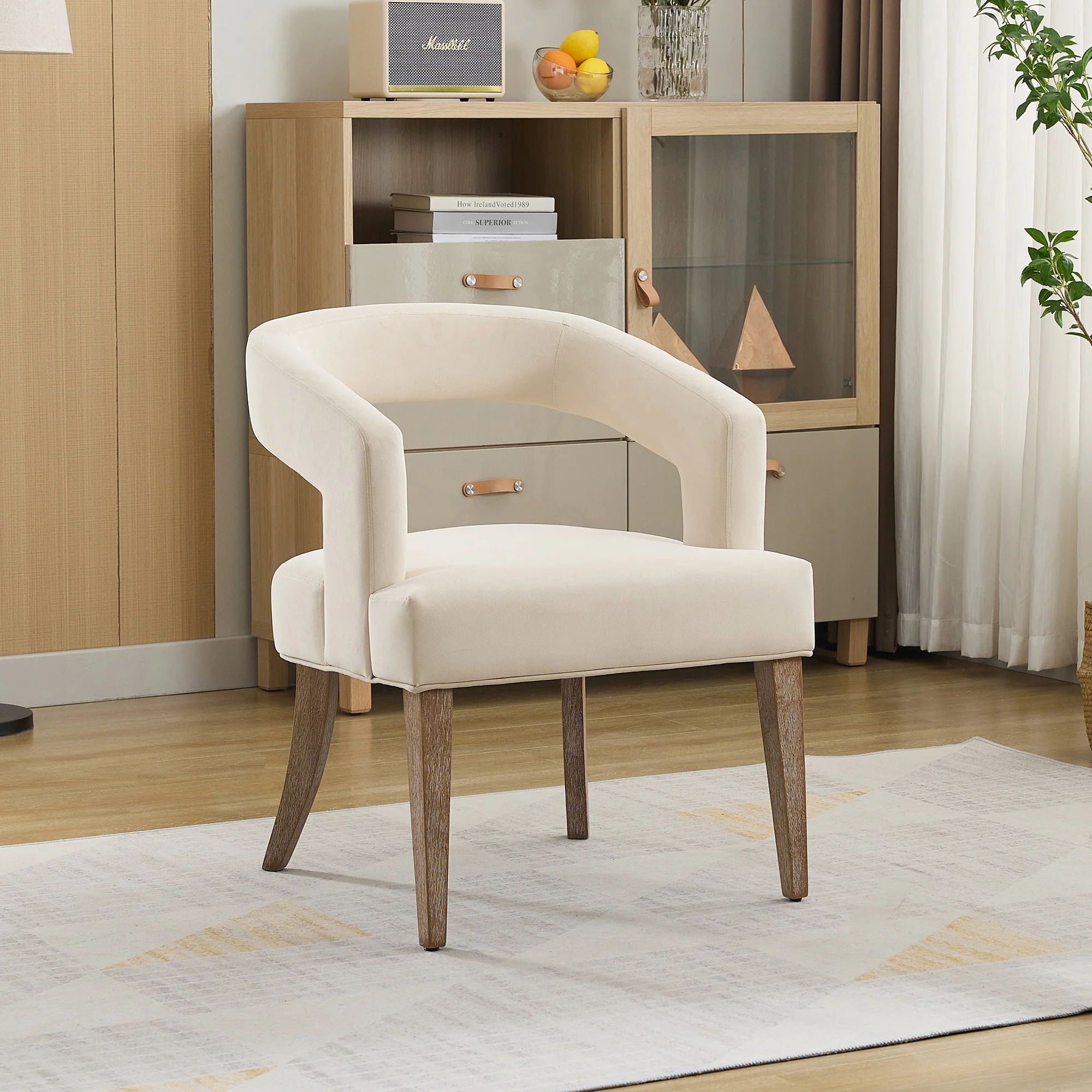 Open-Back Barrel Accent Chair with Velvet Upholstery and Weathered Solid Wood Legs - Image 20
