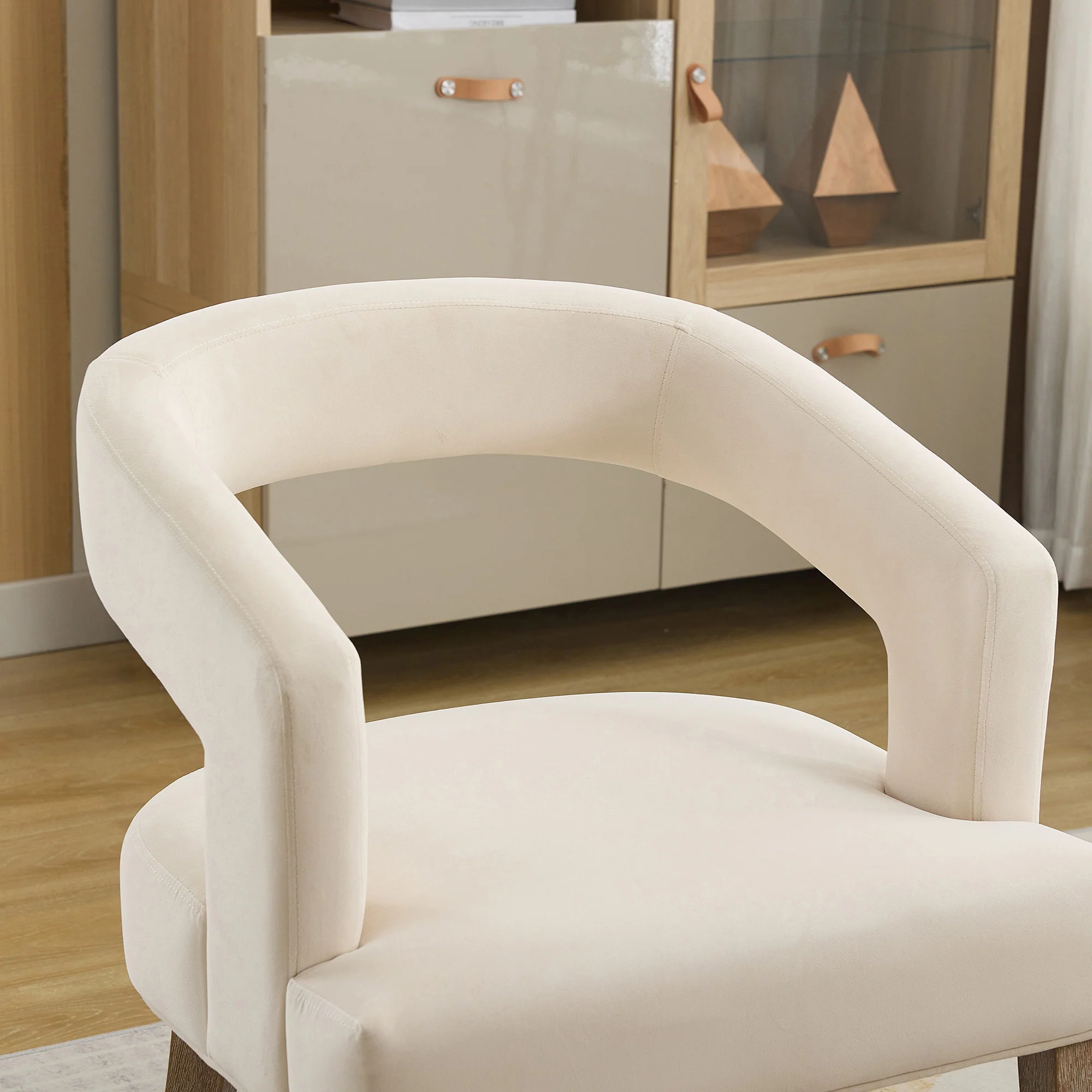 Open-Back Barrel Accent Chair with Velvet Upholstery and Weathered Solid Wood Legs - Image 23