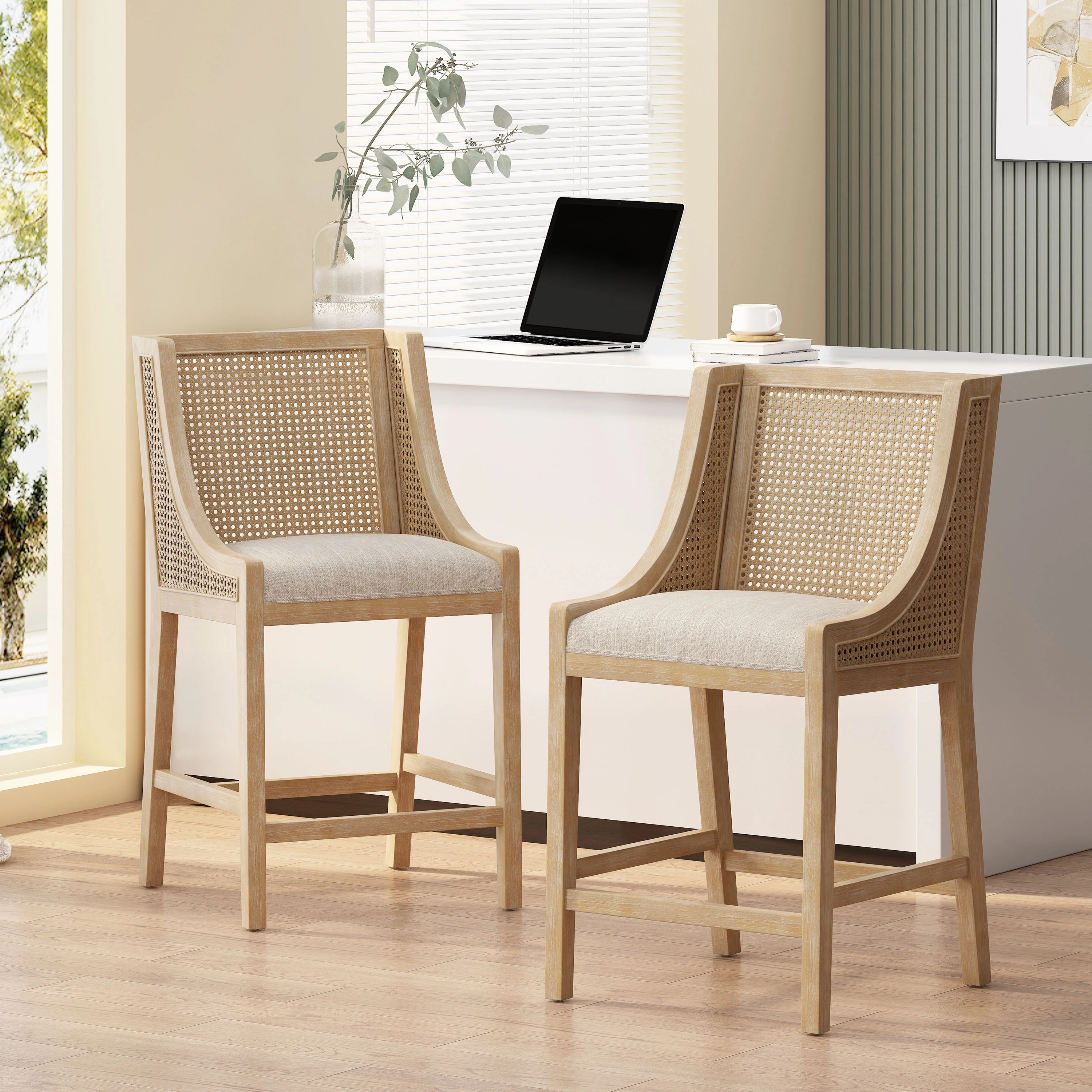 Deville French Country Upholstered Wood and Cane 25.5 inch Counter Stools, Set of 2 - Image 3