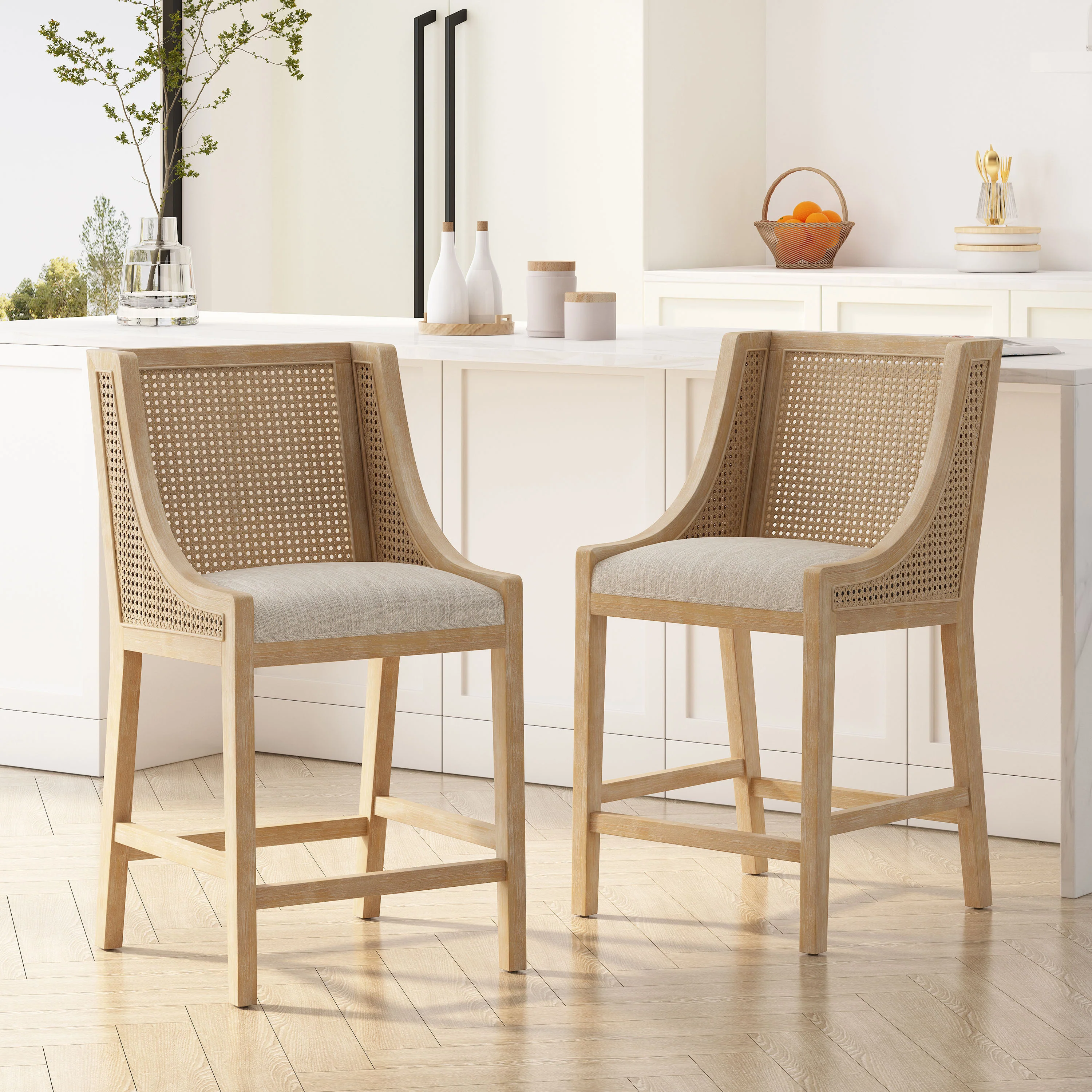Deville French Country Upholstered Wood and Cane 25.5 inch Counter Stools, Set of 2 - Image 5