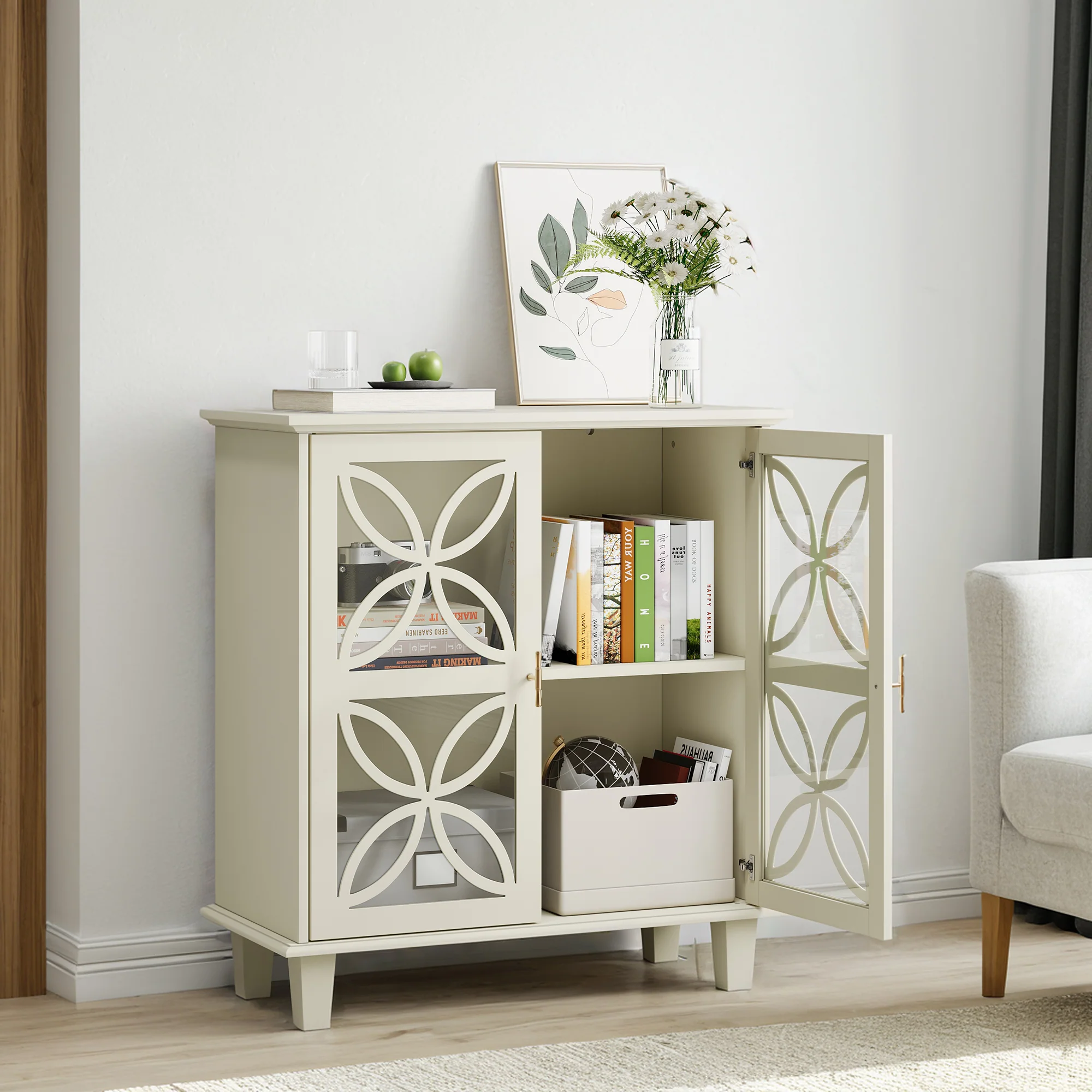 Double Glass Door Accent Cabinet with Floral Design - Image 5