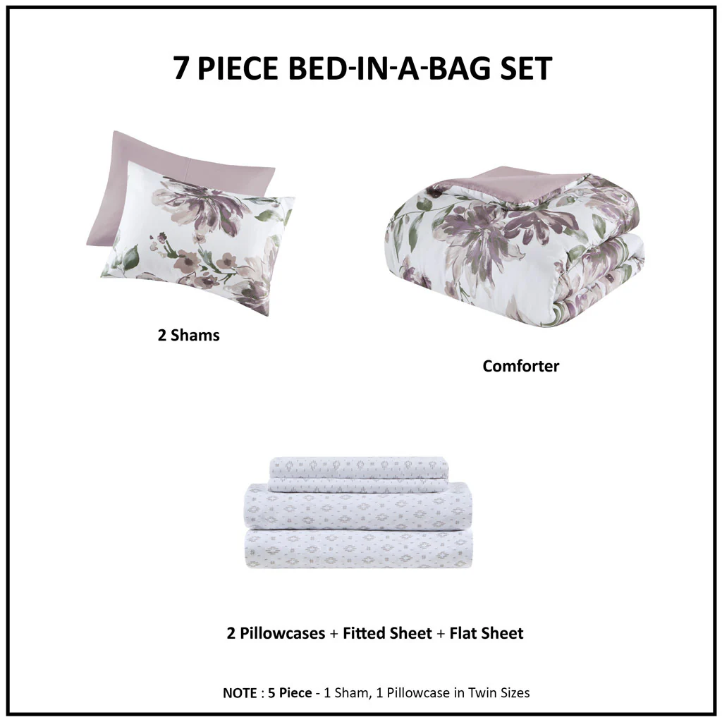 Mauve Floral Bed in a Bag Comforter Set with Bed Sheets - Image 9