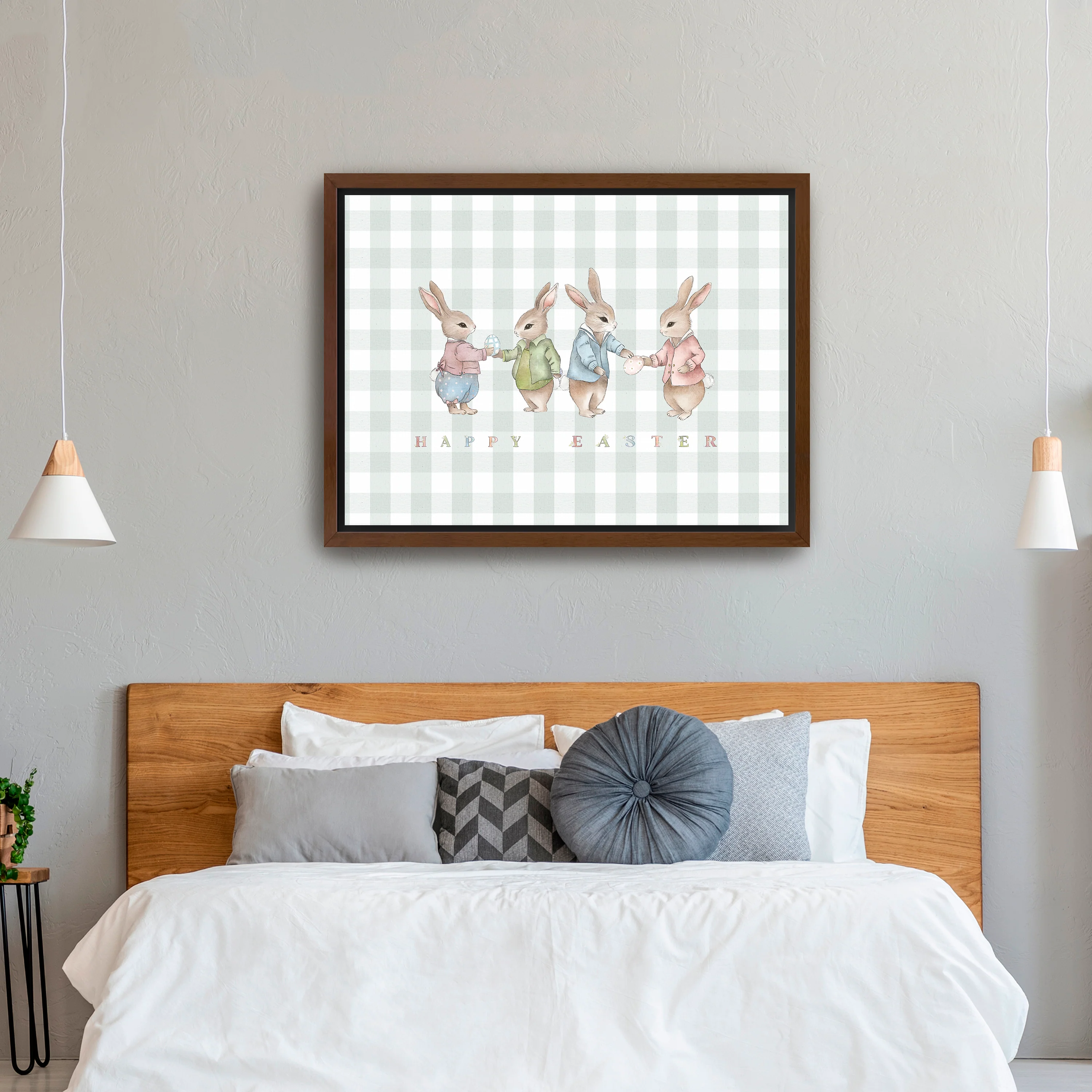 Easter Bunnies Light Mint Gingham Canvas Giclee - Image 8