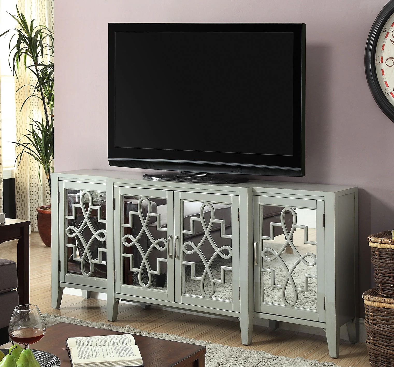 Kacia Antique Finish Console Cabinet with Mirrored Door - Image 2