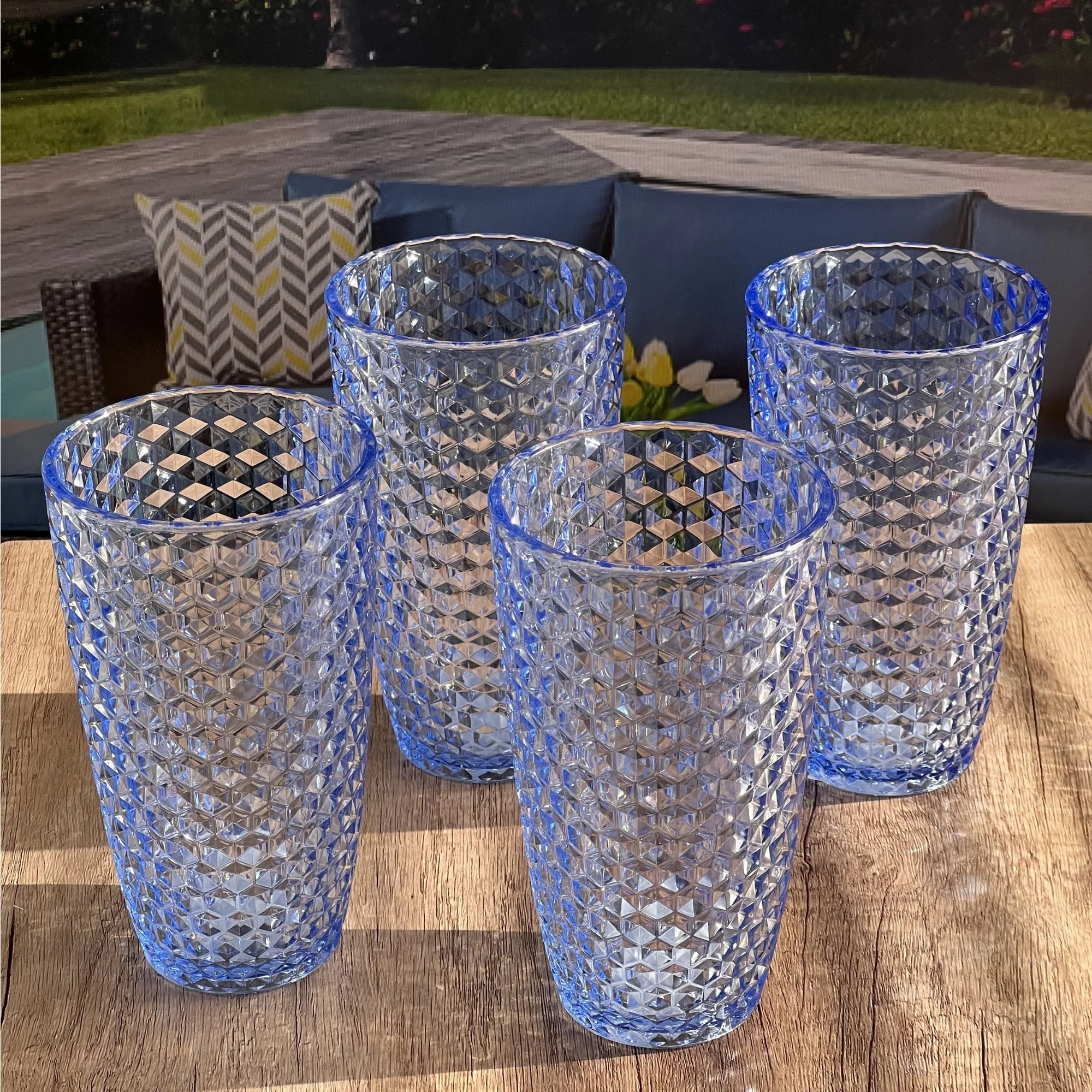 Leading Ware Diamond Cut Acrylic Drinking Glasses Set of 4, BPA Free, 19oz, Blue - Image 4