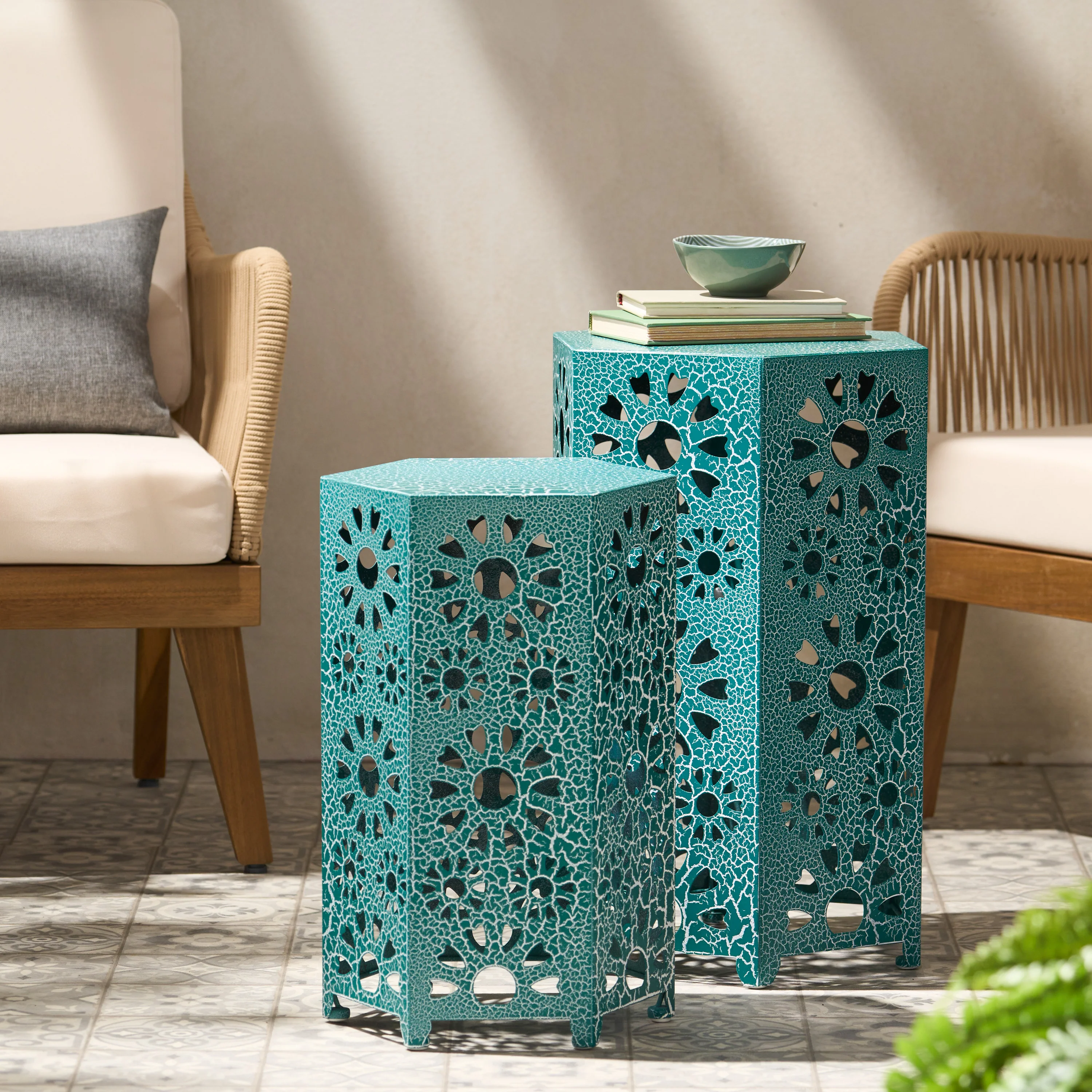 Enshrine Outdoor Iron Side Table with Sunburst Cut Out Design - Image 27