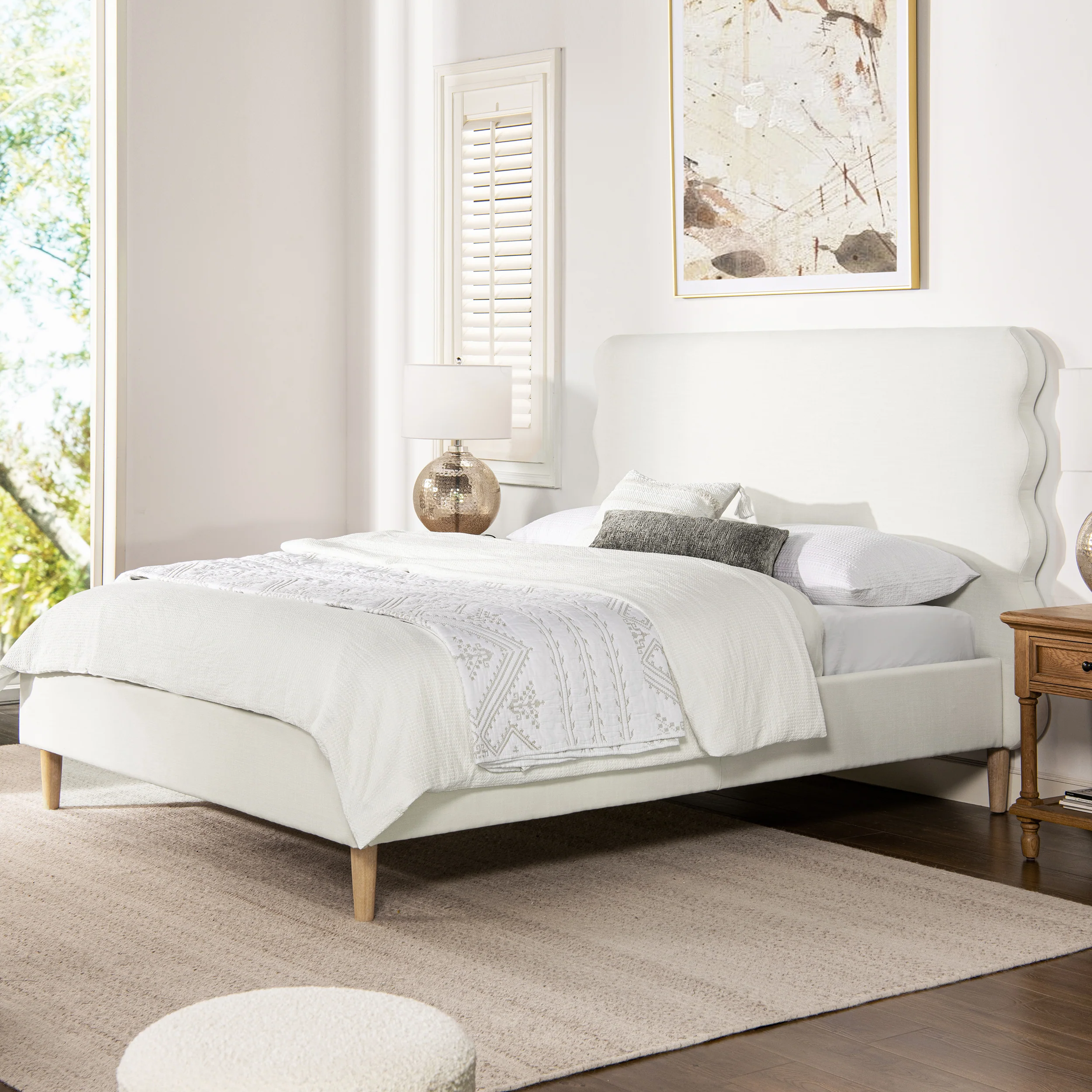 Essencee Upholstered Platform Bed with Wavy Headboard and Wood Legs - Image 30