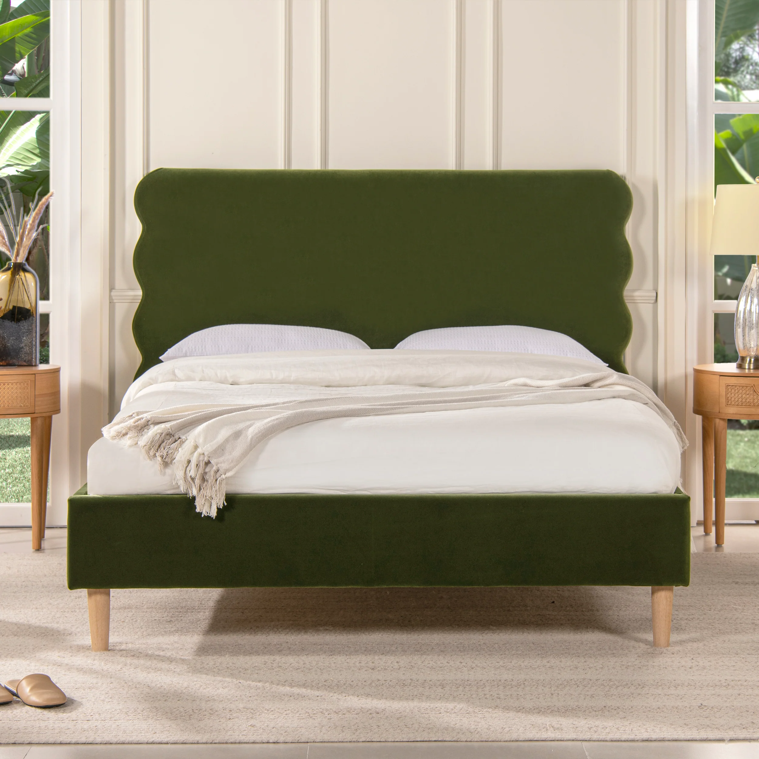 Essencee Upholstered Platform Bed with Wavy Headboard and Wood Legs - Image 55