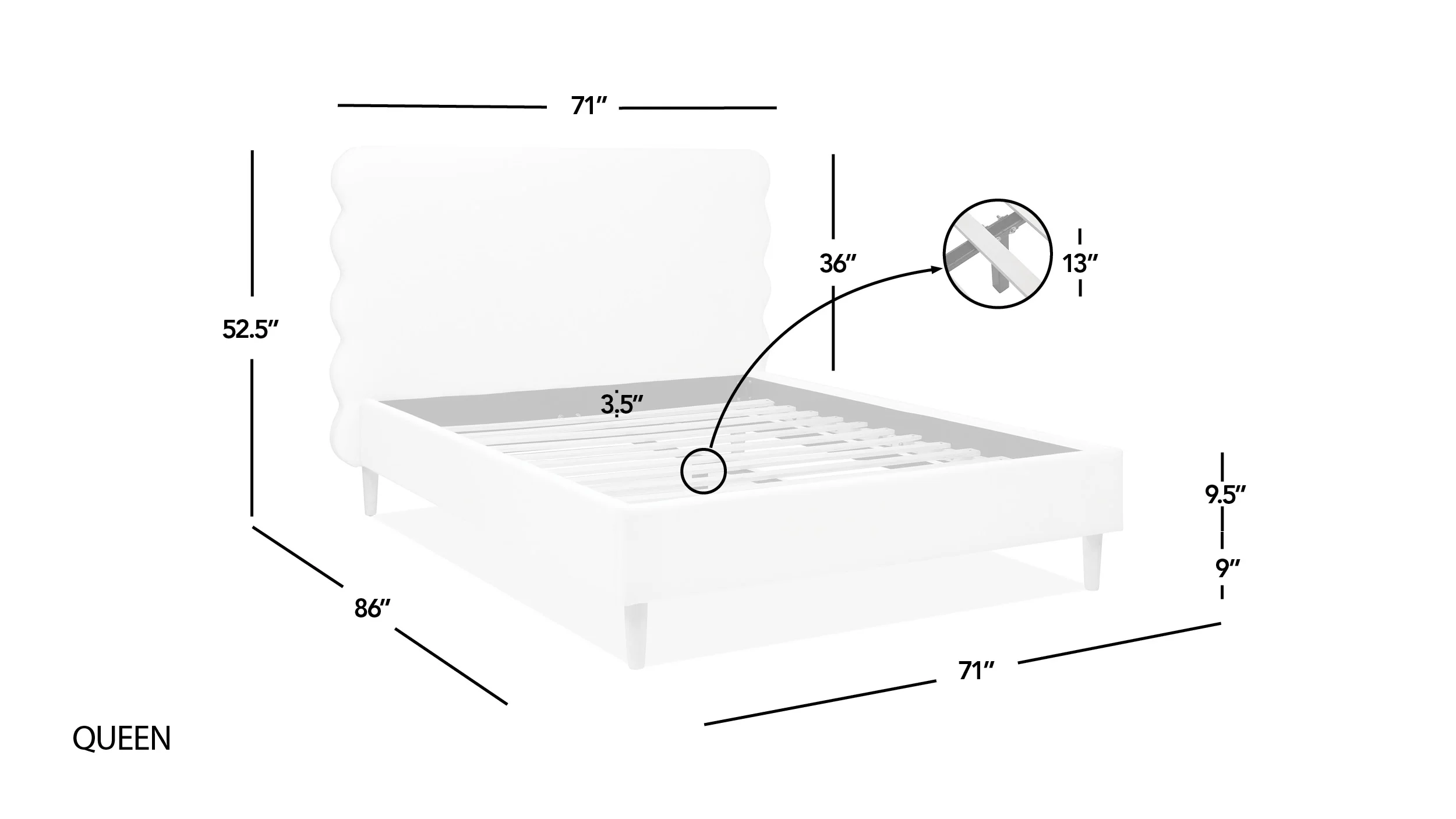 Essencee Upholstered Platform Bed with Wavy Headboard and Wood Legs - Image 9