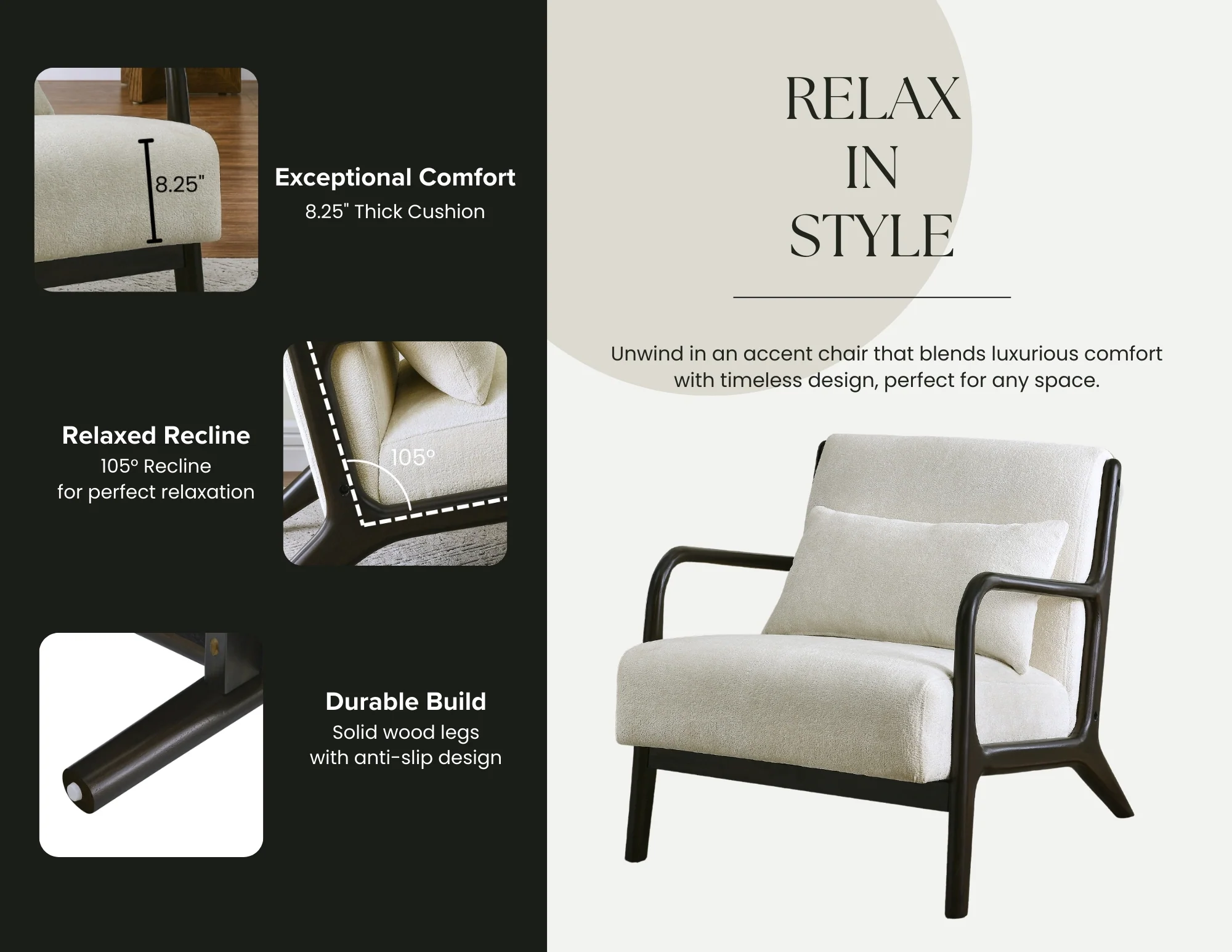 Eterna Mid-Century Modern Style Accent Chair with Removable Lumbar Pillow - Image 11