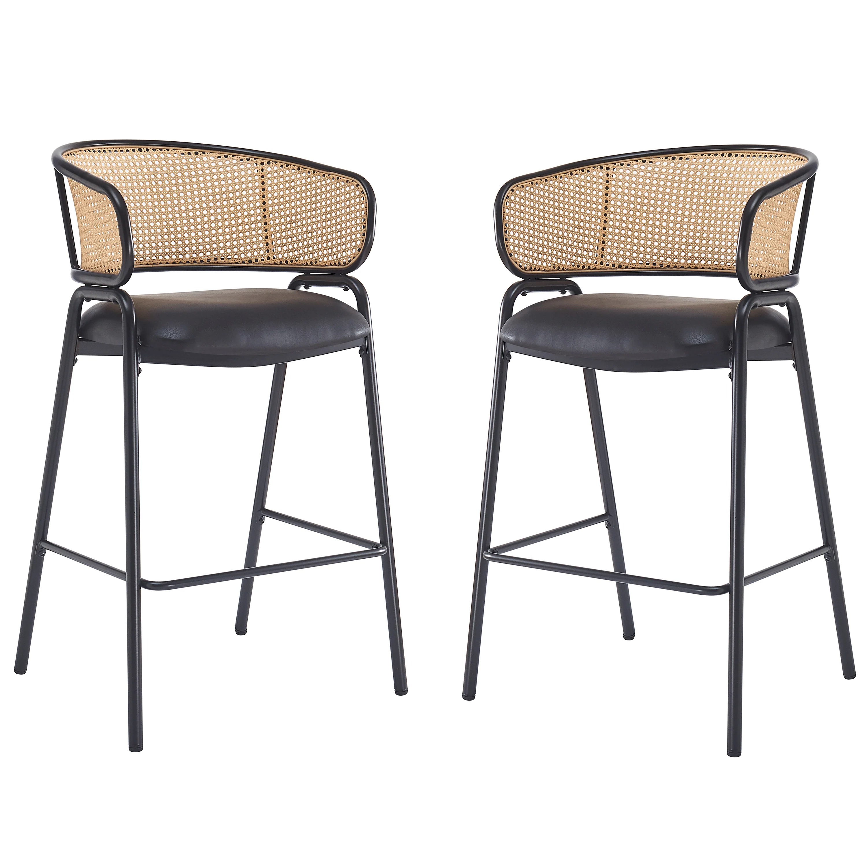 Ethan Indoor Metal Upholstered Barstool, Faux Leather Seat With Wowen Rattan Decorated Backrest, Set of 2 - Image 2