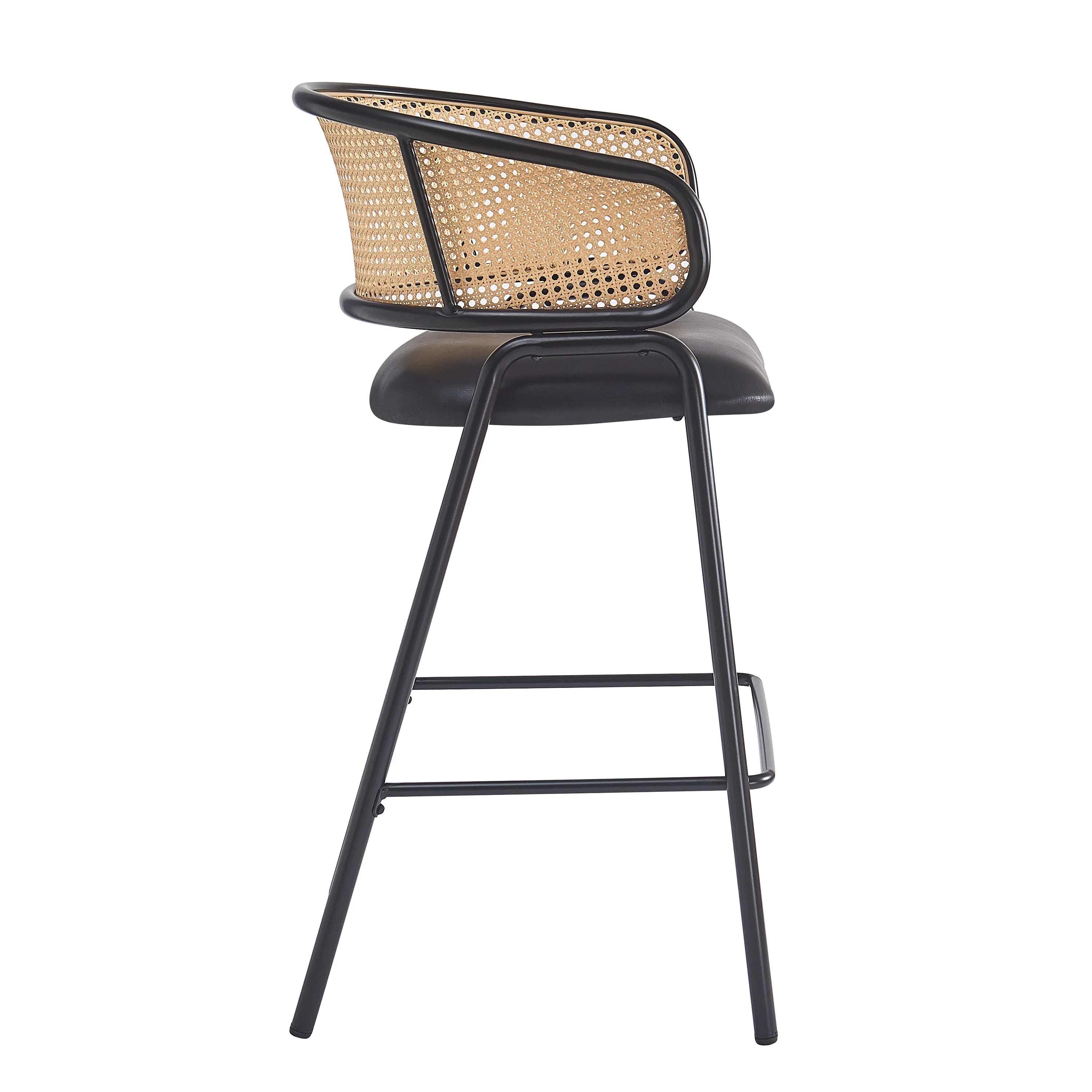 Ethan Indoor Metal Upholstered Barstool, Faux Leather Seat With Wowen Rattan Decorated Backrest, Set of 2 - Image 7