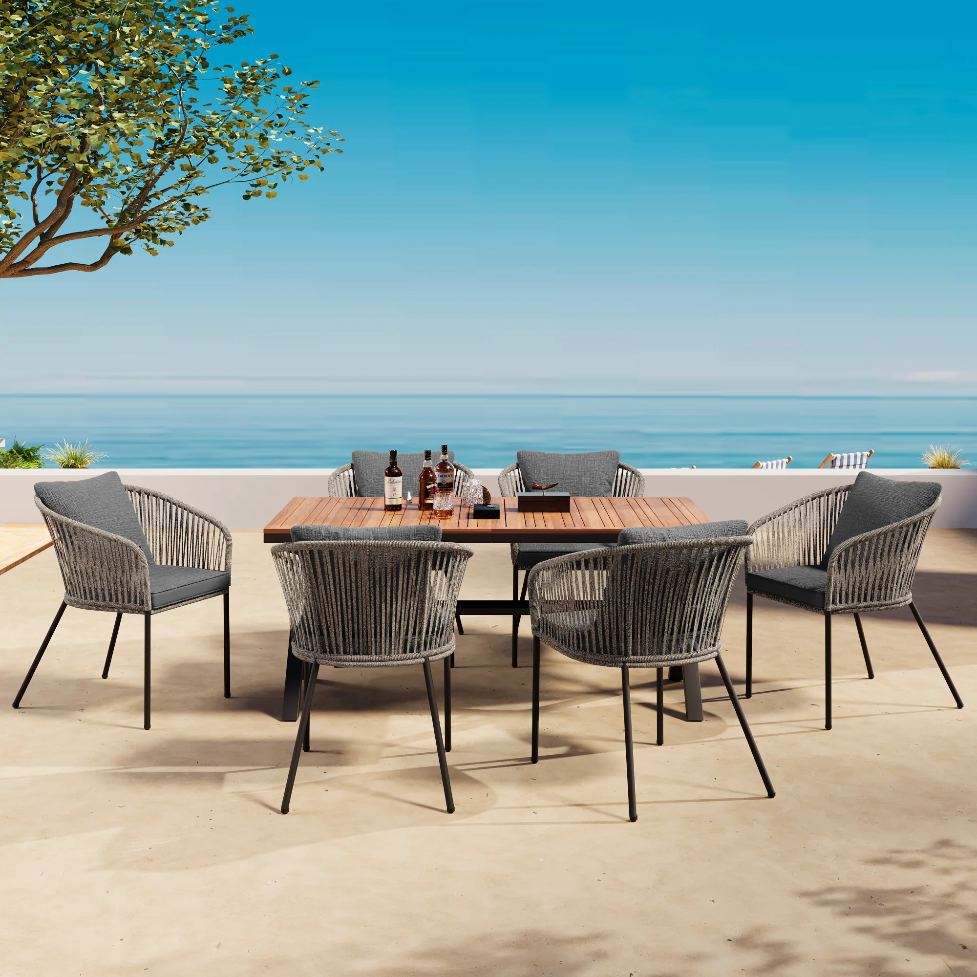 Exalted 7-Piece Outdoor Dining Set with Curved Back Chair and Rectangle Table - Image 13