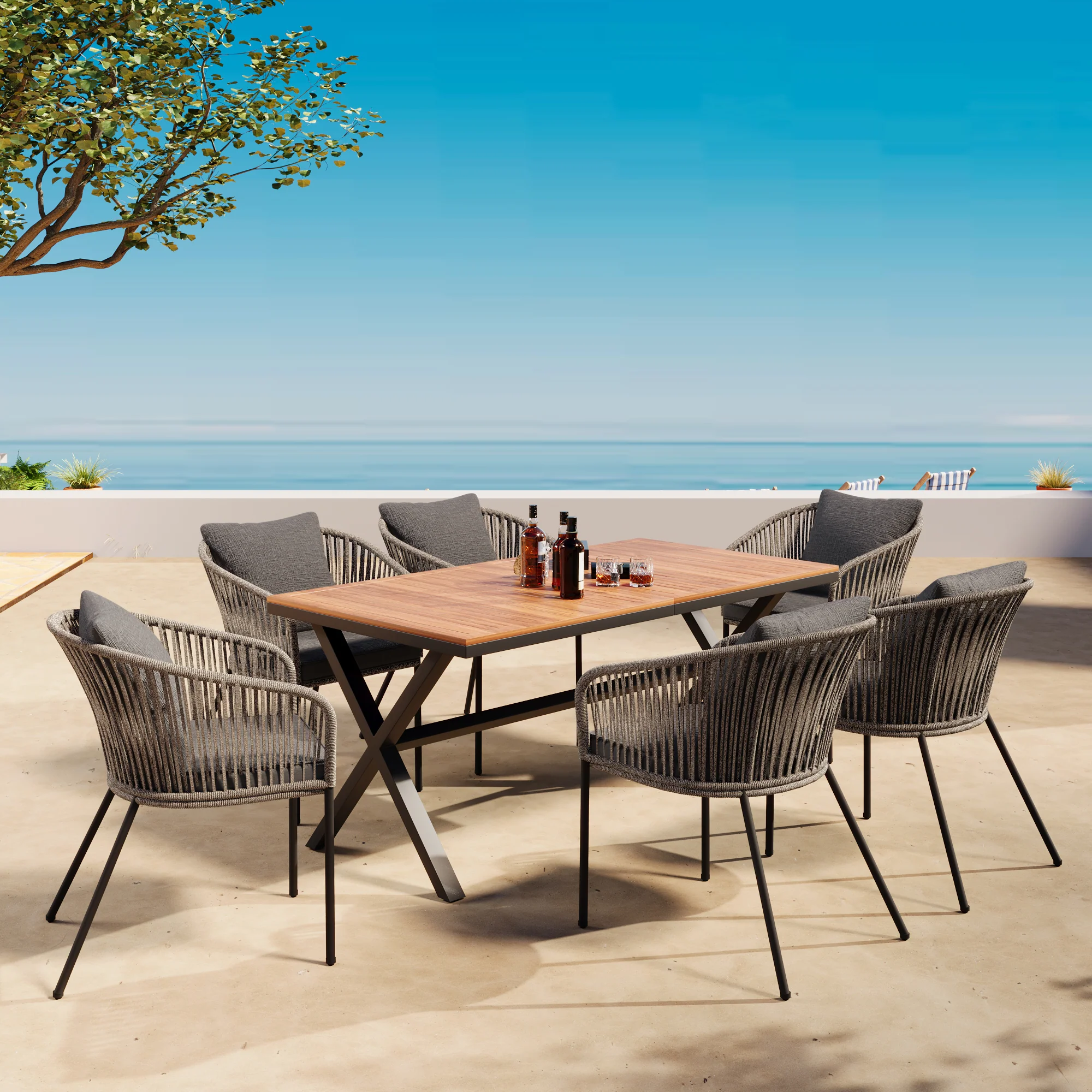 Exalted 7-Piece Outdoor Dining Set with Curved Back Chair and Rectangle Table - Image 14