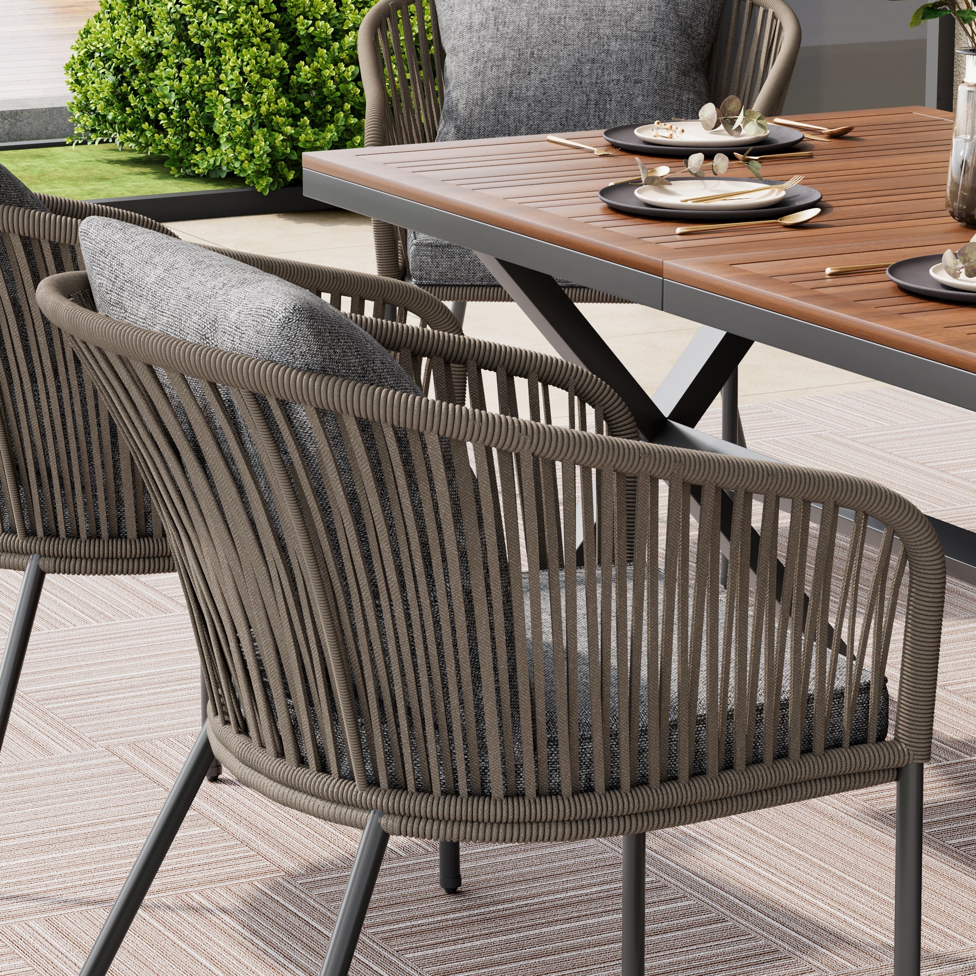 Exalted 7-Piece Outdoor Dining Set with Curved Back Chair and Rectangle Table - Image 15