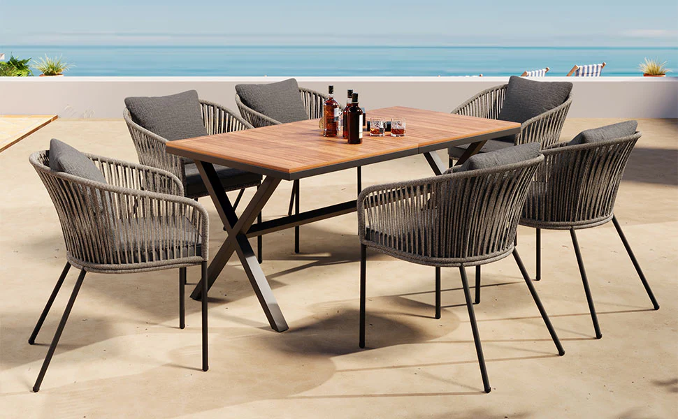 Exalted 7-Piece Outdoor Dining Set with Curved Back Chair and Rectangle Table - Image 16