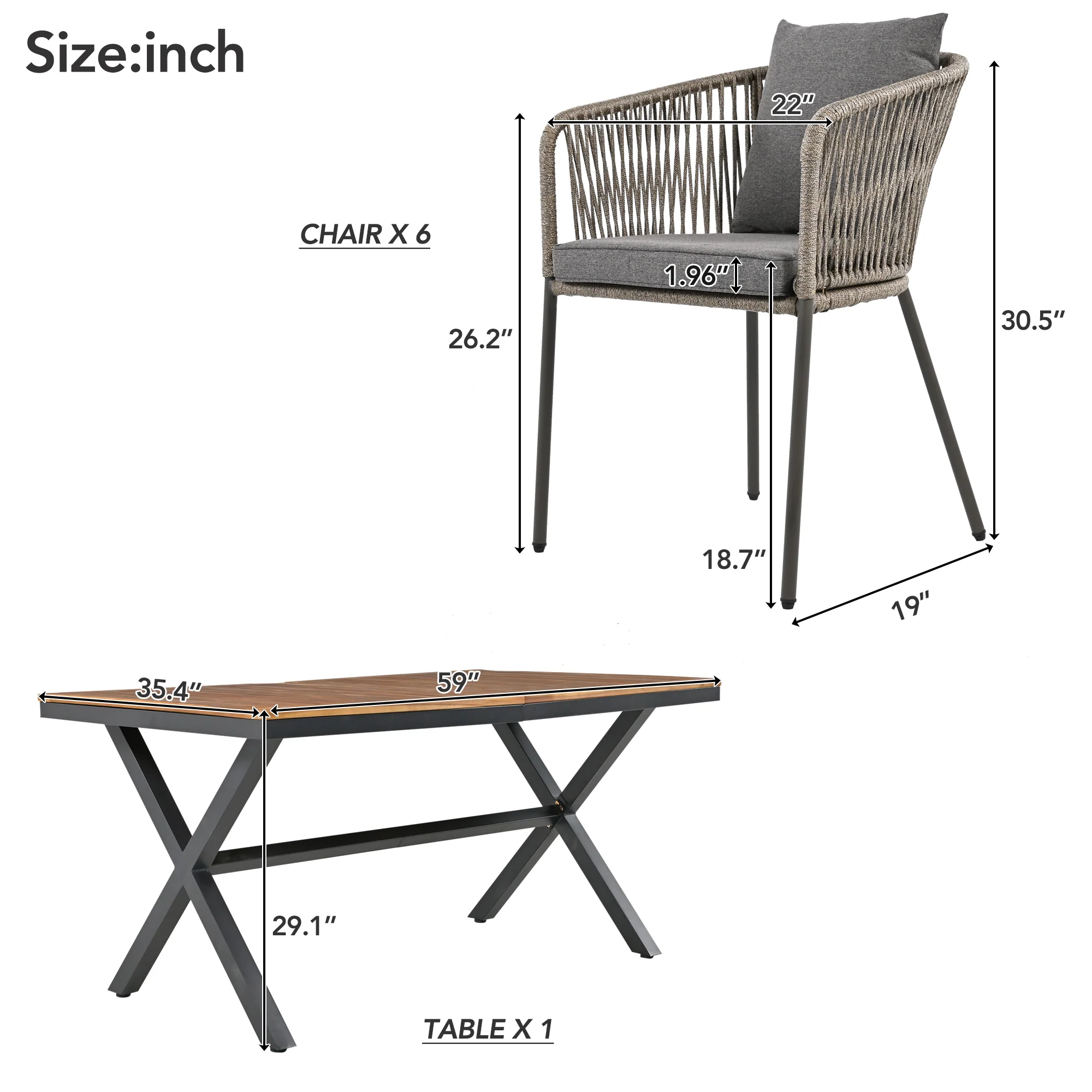 Exalted 7-Piece Outdoor Dining Set with Curved Back Chair and Rectangle Table - Image 17