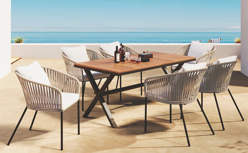 Exalted 7-Piece Outdoor Dining Set with Curved Back Chair and Rectangle Table - Image 2