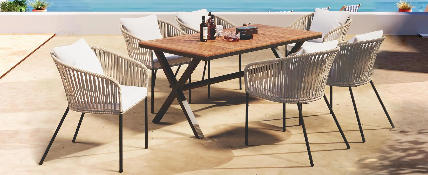 Exalted 7-Piece Outdoor Dining Set with Curved Back Chair and Rectangle Table - Image 7