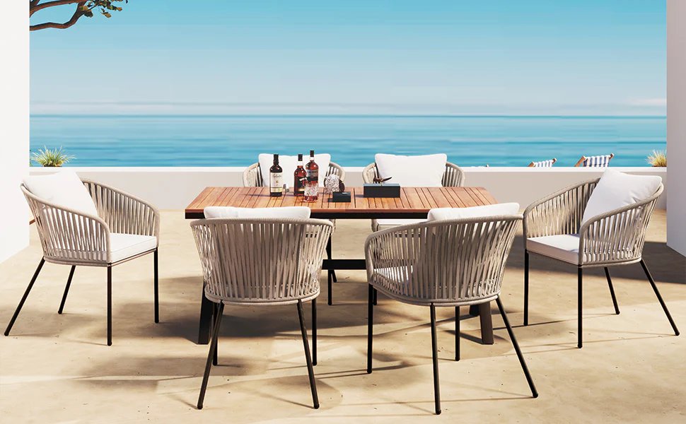 Exalted 7-Piece Outdoor Dining Set with Curved Back Chair and Rectangle Table - Image 8