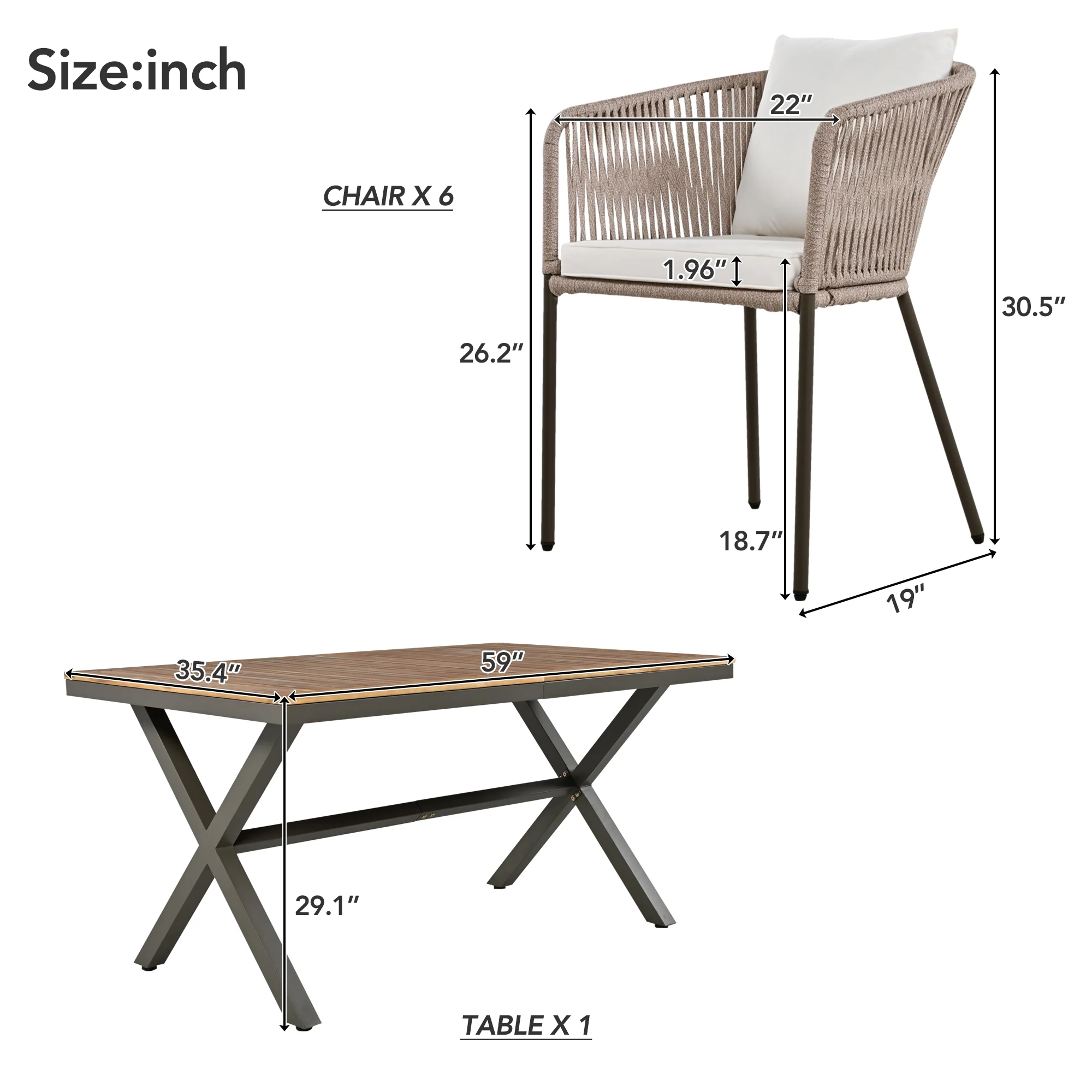Exalted 7-Piece Outdoor Dining Set with Curved Back Chair and Rectangle Table - Image 9