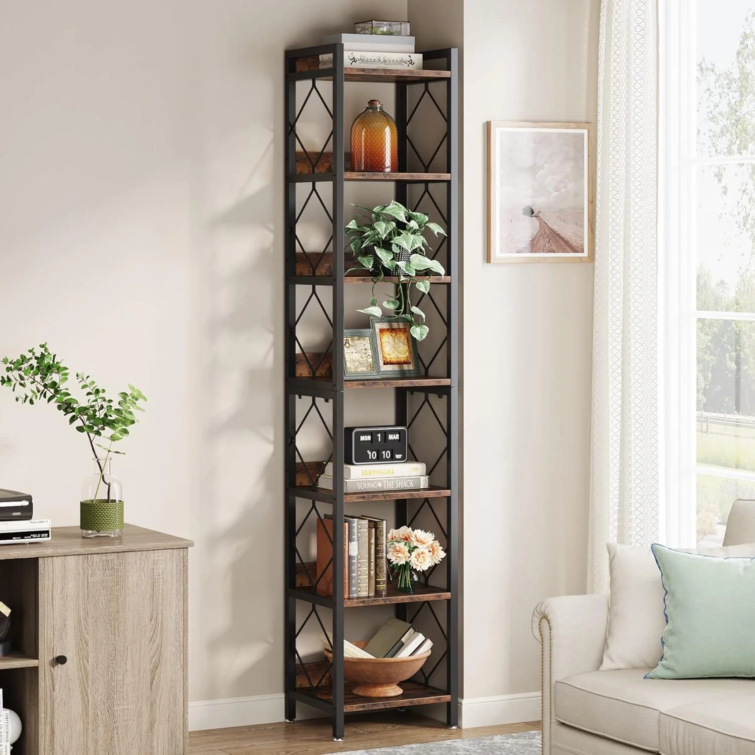 Extra Tall 7-Tier Rustic Brown Narrow Corner Bookshelf - Image 13