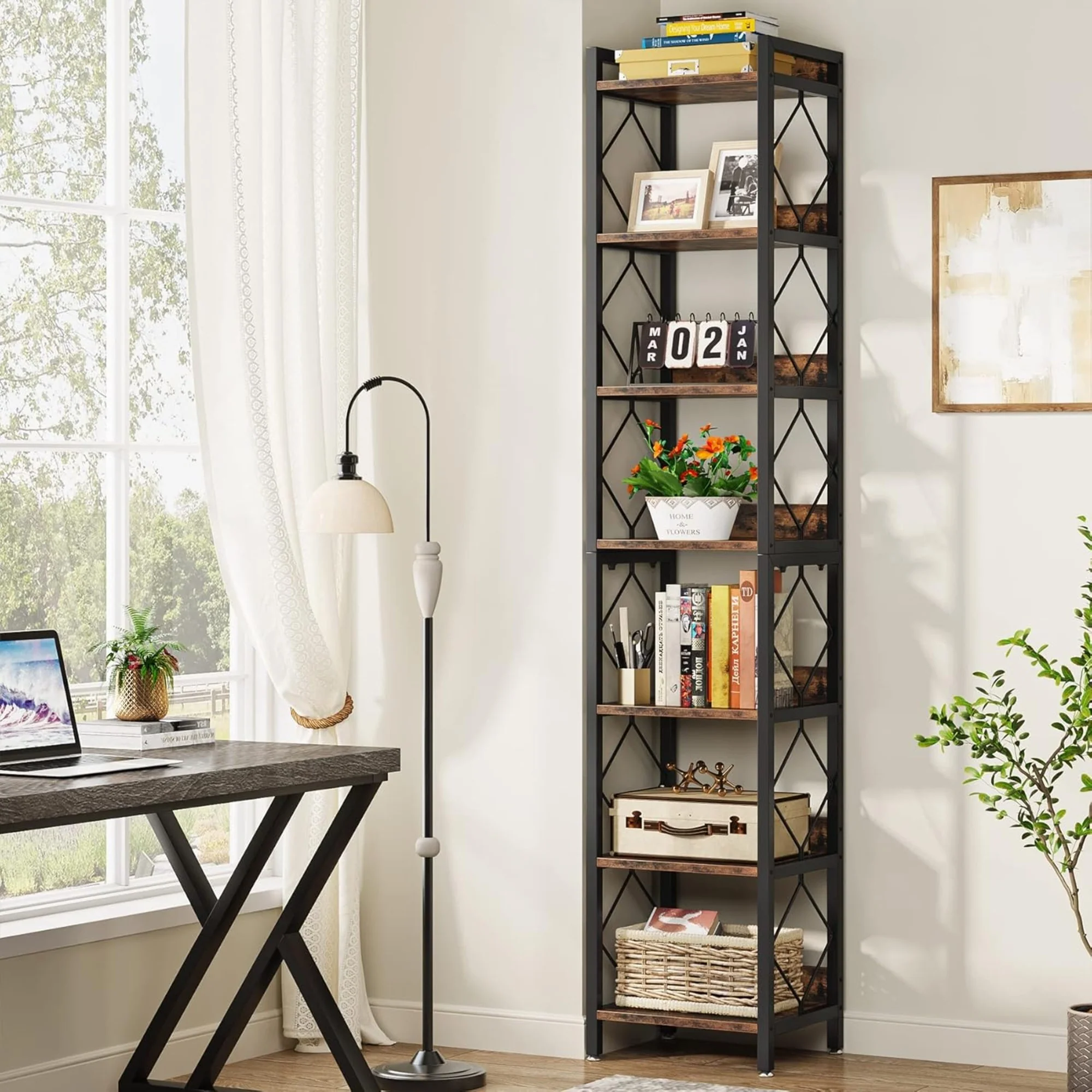 Extra Tall 7-Tier Rustic Brown Narrow Corner Bookshelf - Image 2