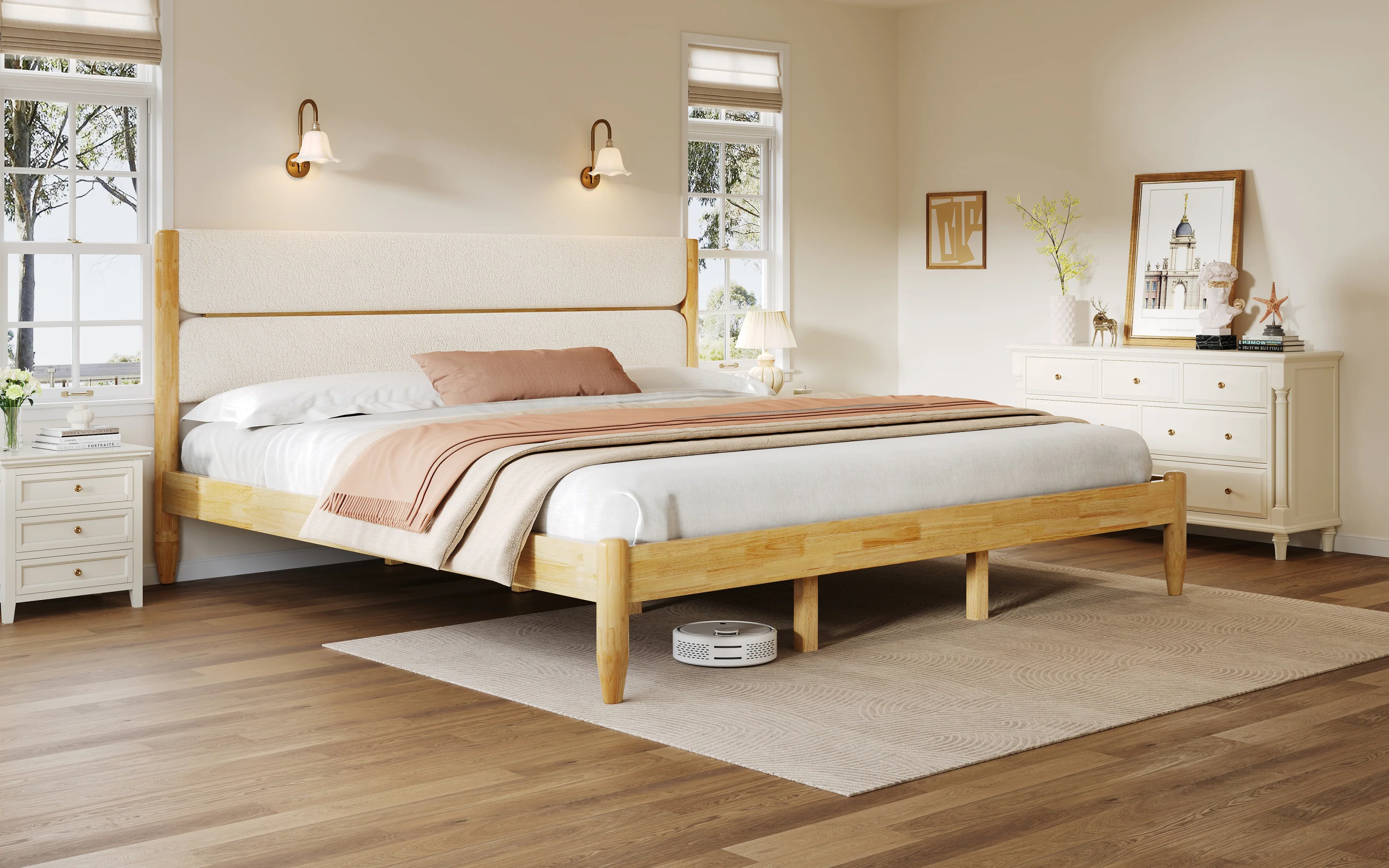 Solid Wood Bed Frame With Fleece Upholstered Headboard - Image 18