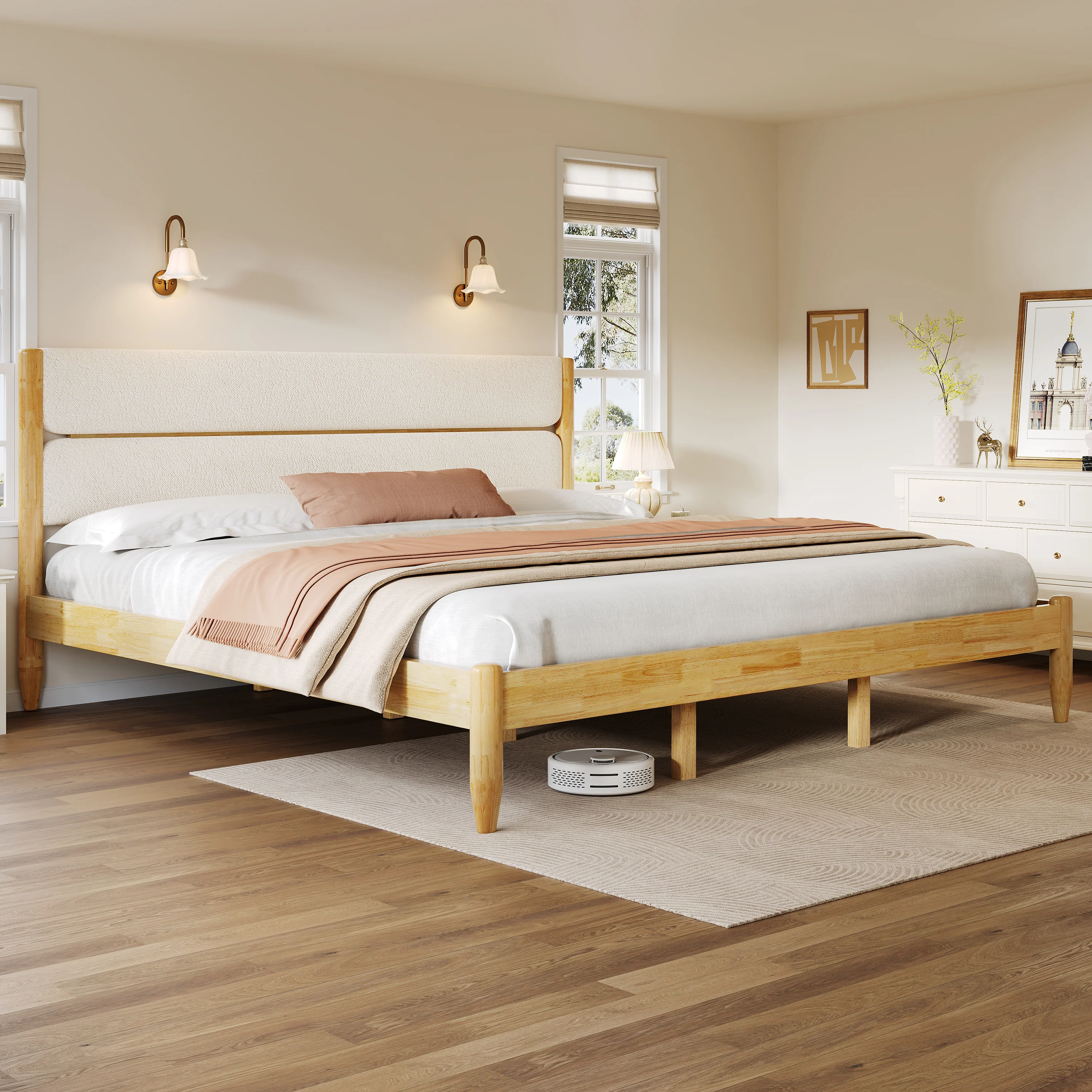 Solid Wood Bed Frame With Fleece Upholstered Headboard - Image 2