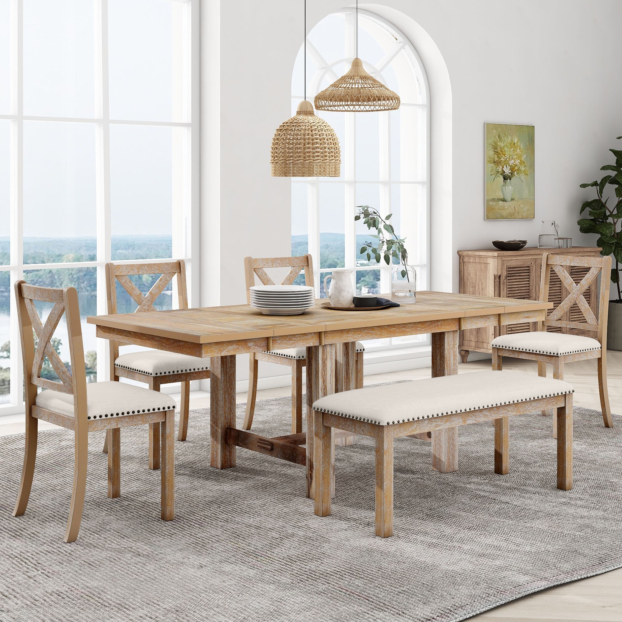 Farmhouse 82" 6-Piece Extendable Dining Table with Footrest, 4 Upholstered Dining Chairs, Dining Bench and Two 11" Removable Leaf - Image 23