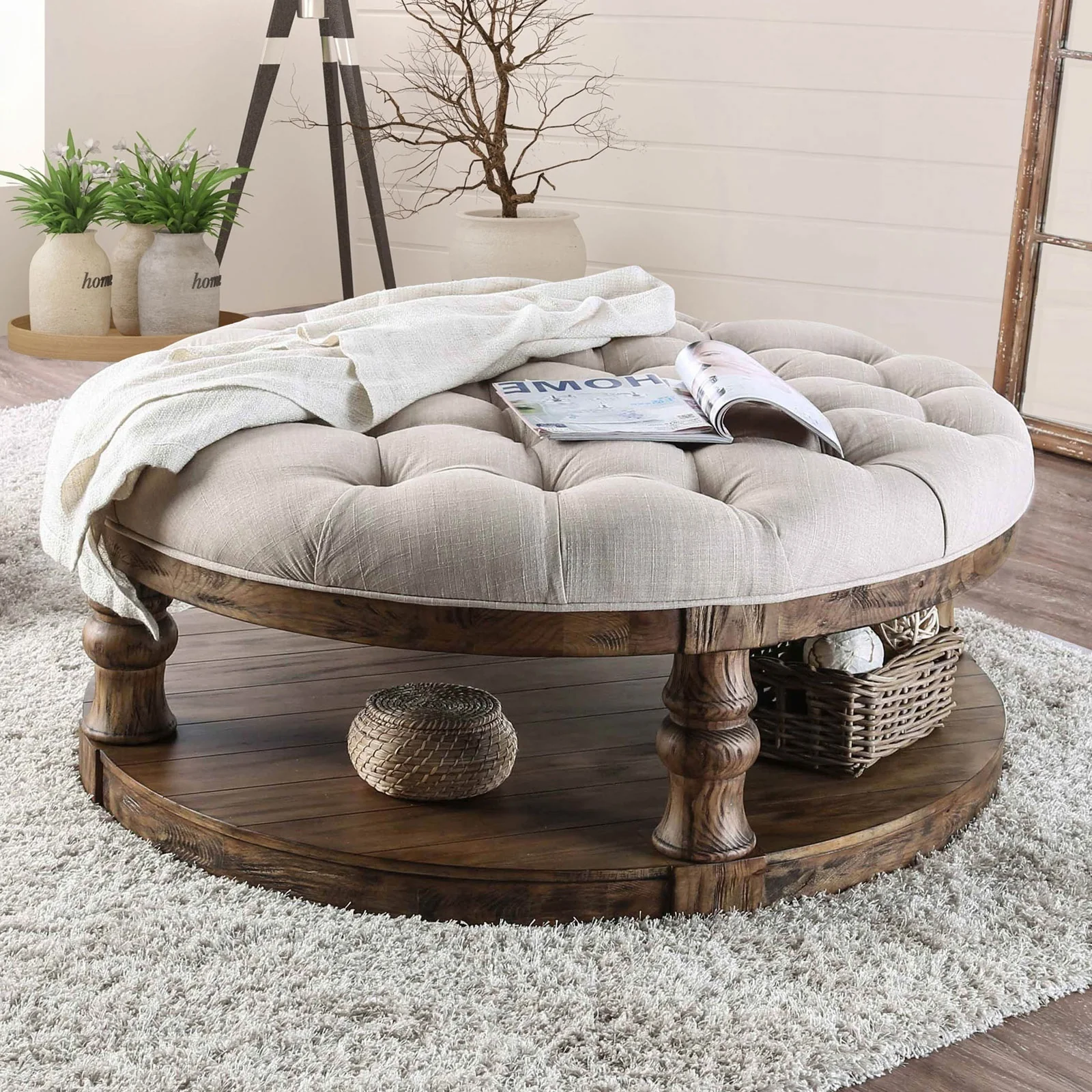 Farmhouse Round Wooden Coffee Table with Turned Legs And Open Shelf - Image 6