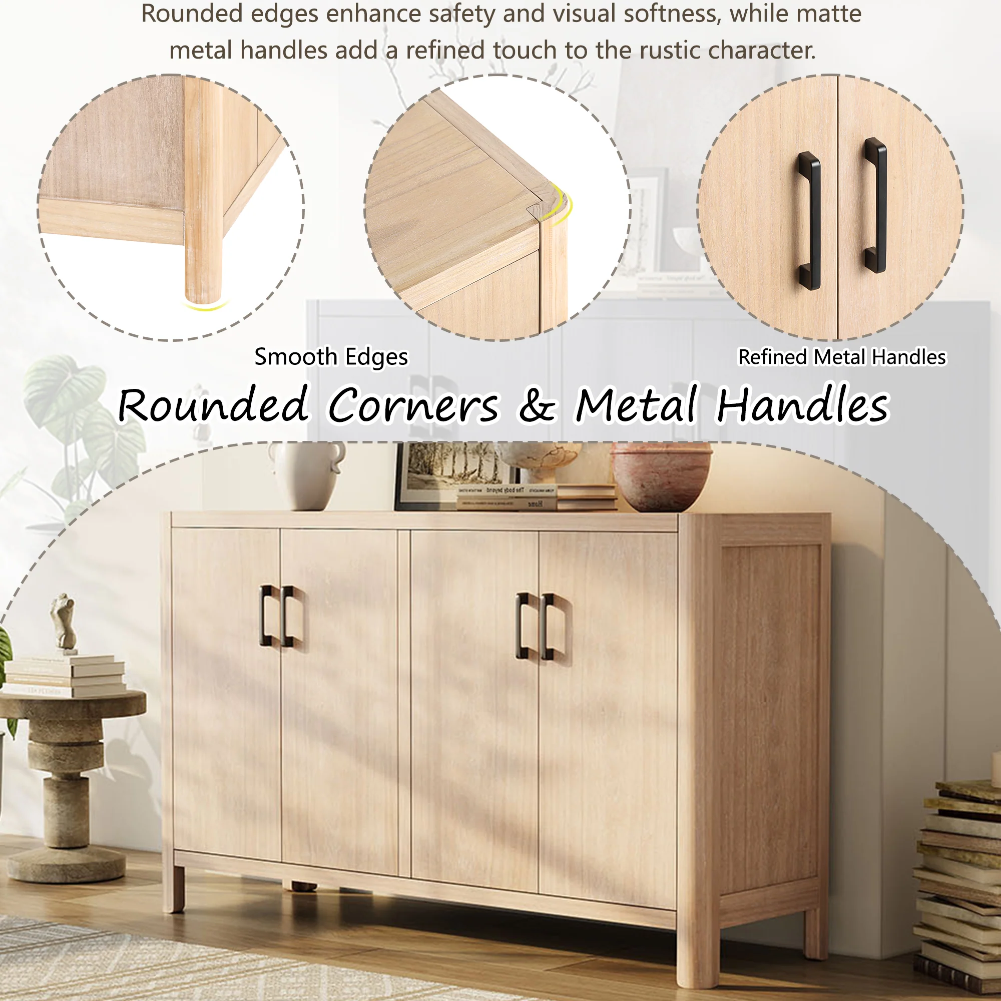 Farmhouse Style 4-Door Cabinet with Natural Distressed Finish - Image 3