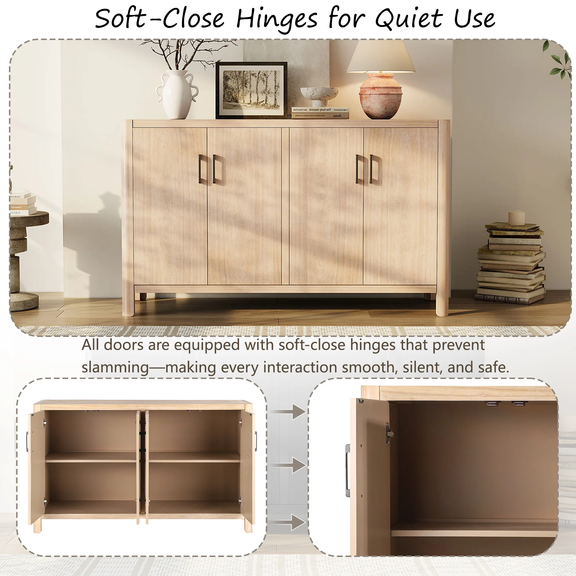 Farmhouse Style 4-Door Cabinet with Natural Distressed Finish - Image 6