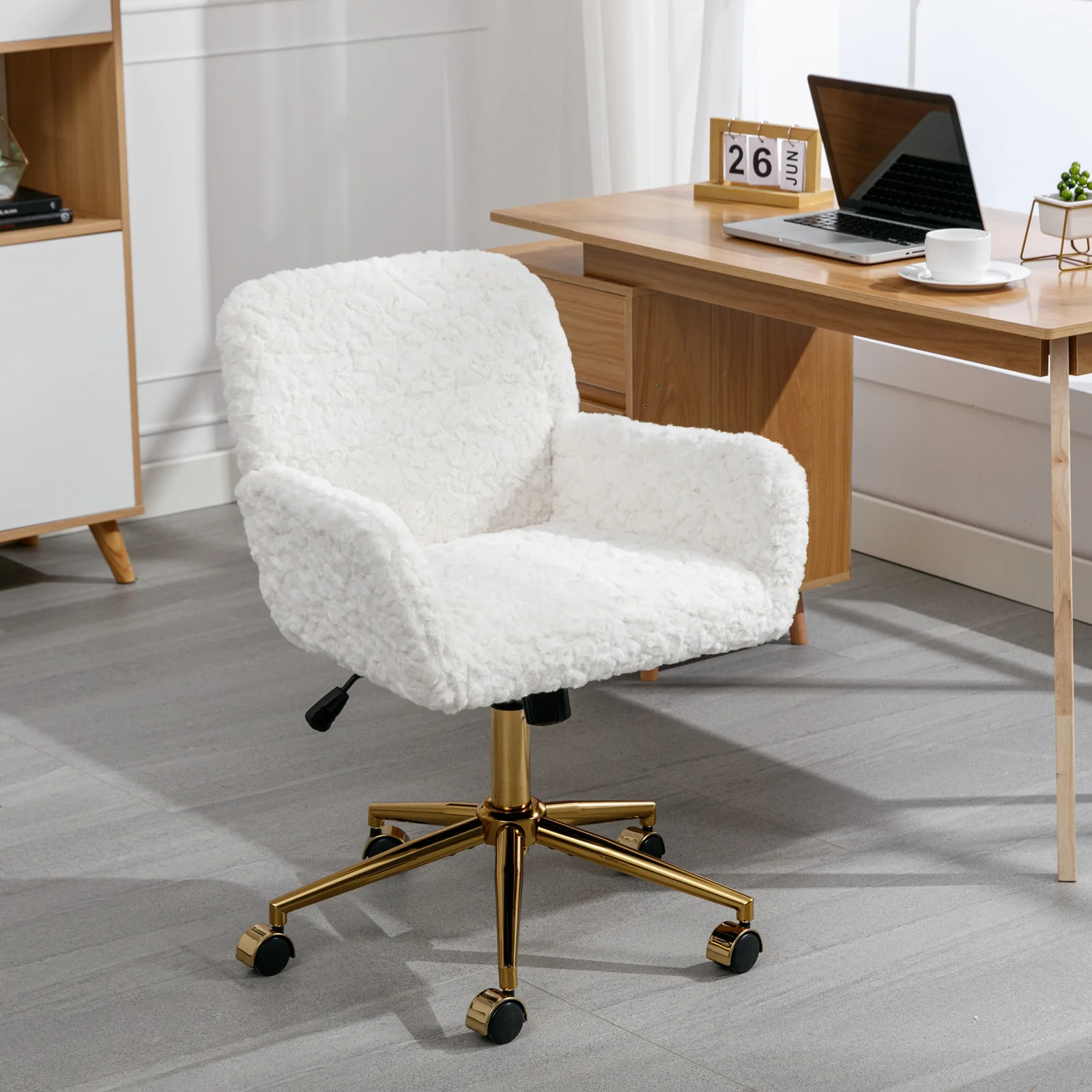 Faux Rabbit Hair Office Chair with Golden Metal Base, Adjustable Swivel - Image 14