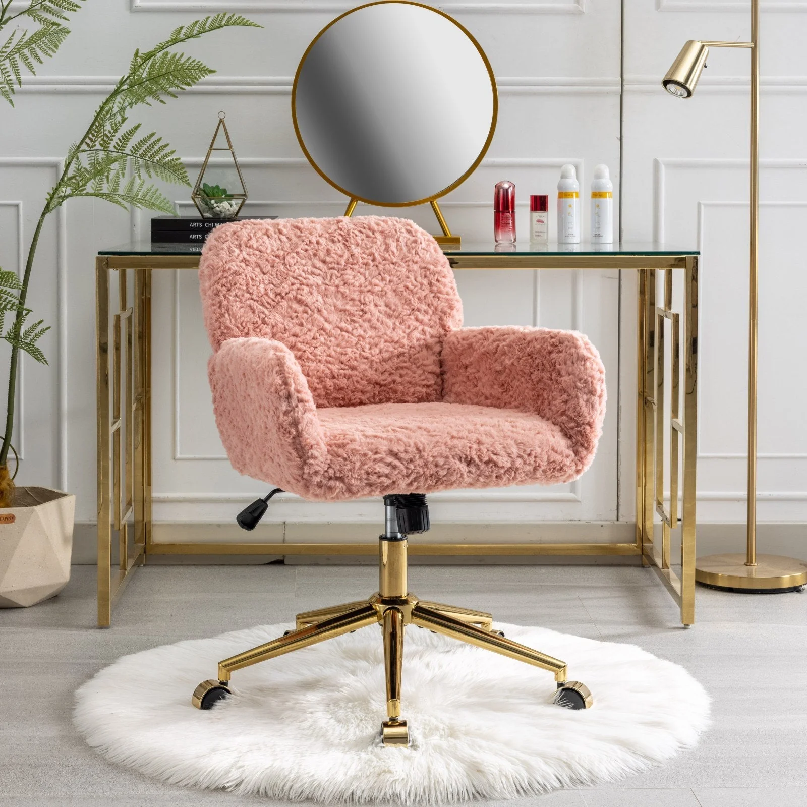 Faux Rabbit Hair Office Chair with Golden Metal Base, Adjustable Swivel - Image 43
