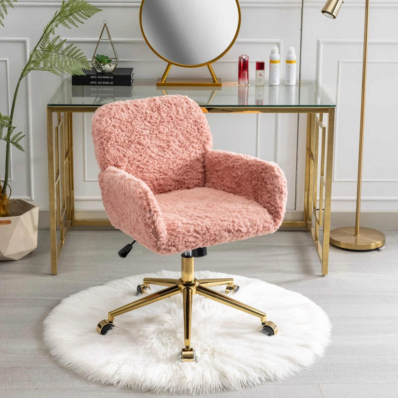 Faux Rabbit Hair Office Chair with Golden Metal Base, Adjustable Swivel - Image 54