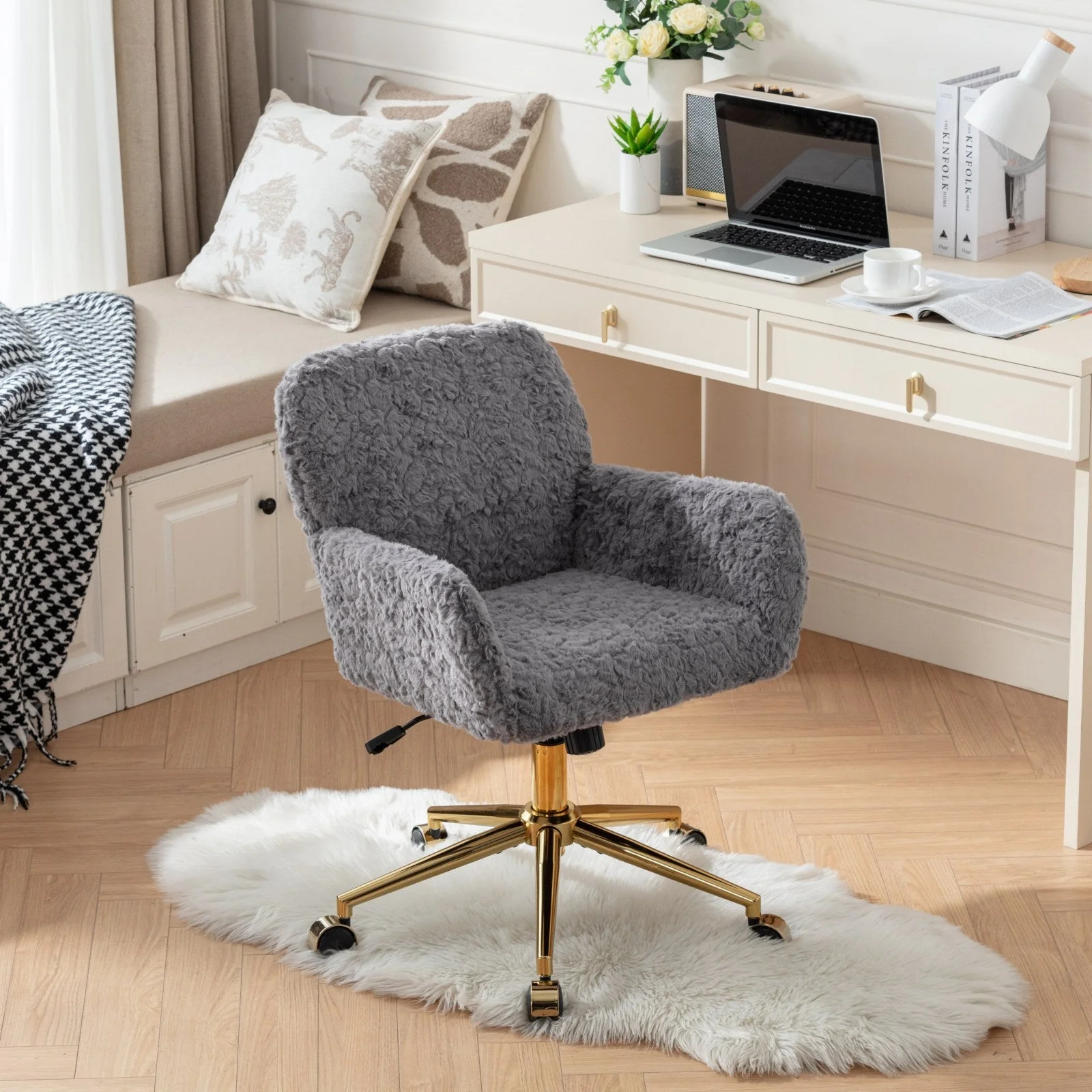 Faux Rabbit Hair Office Chair with Golden Metal Base, Adjustable Swivel - Image 56